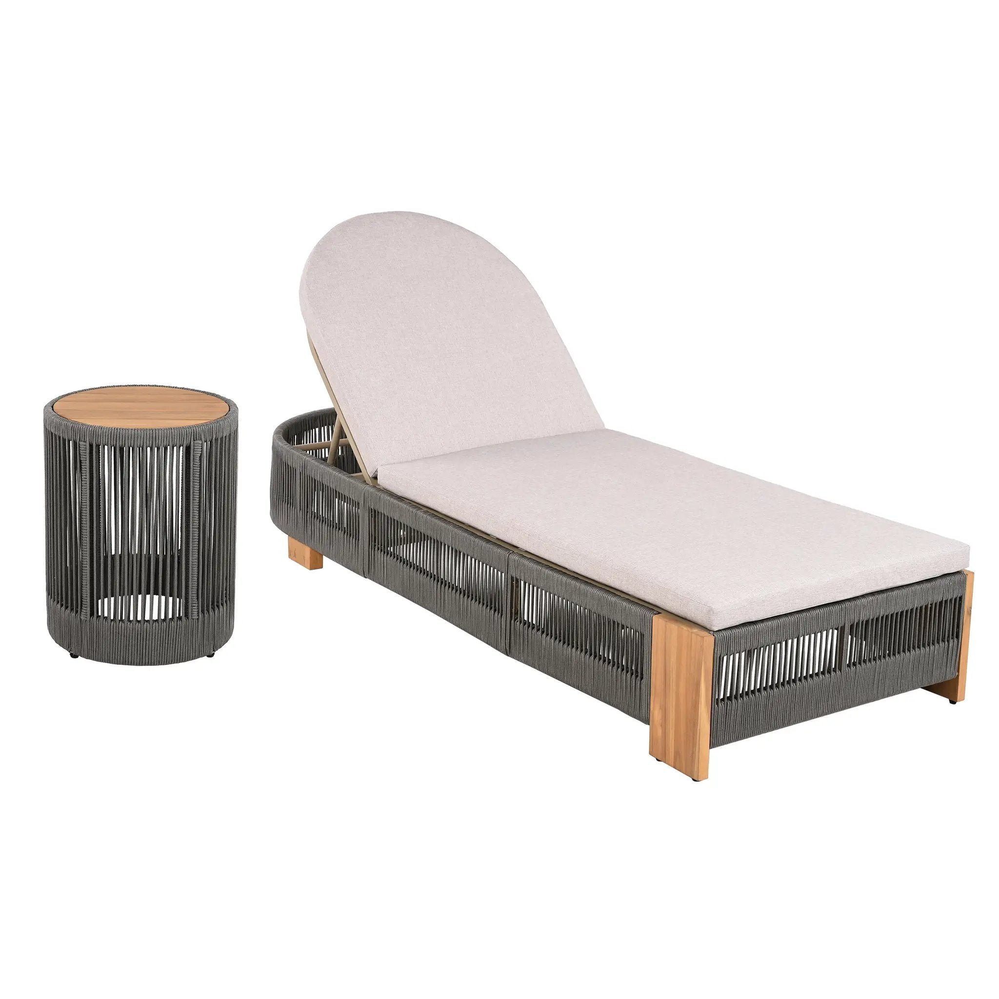 Outdoor Rope Chaise Lounge Set with Teak Look Side Table by HouseOfZazla