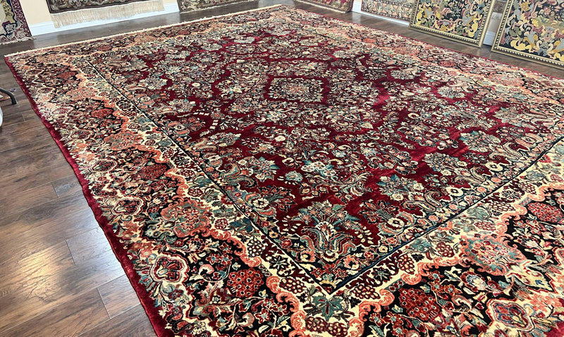 Persian Sarouk Rug 12x17, Wool Hand Knotted Antique Carpet, Dark Red, Traditional Floral Oriental Rug, 12 x 17 Extra Large Handmade Rug by Jewel Rugs