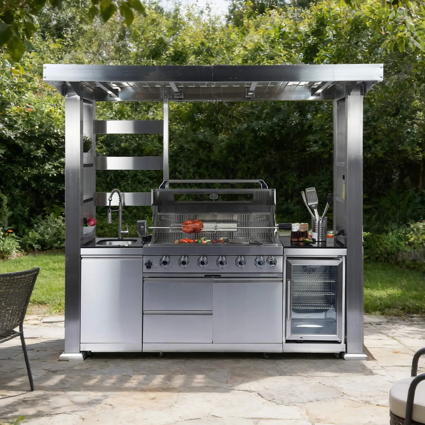 Castelle Flame Astoria 94-Inch 6-Burner 85K BTU Outdoor Kitchen Grill Island With Wine Cooler, Rotisserie, Cabinets, And Granite Countertops (SAK68014) by SAKSBY WHOLESALE