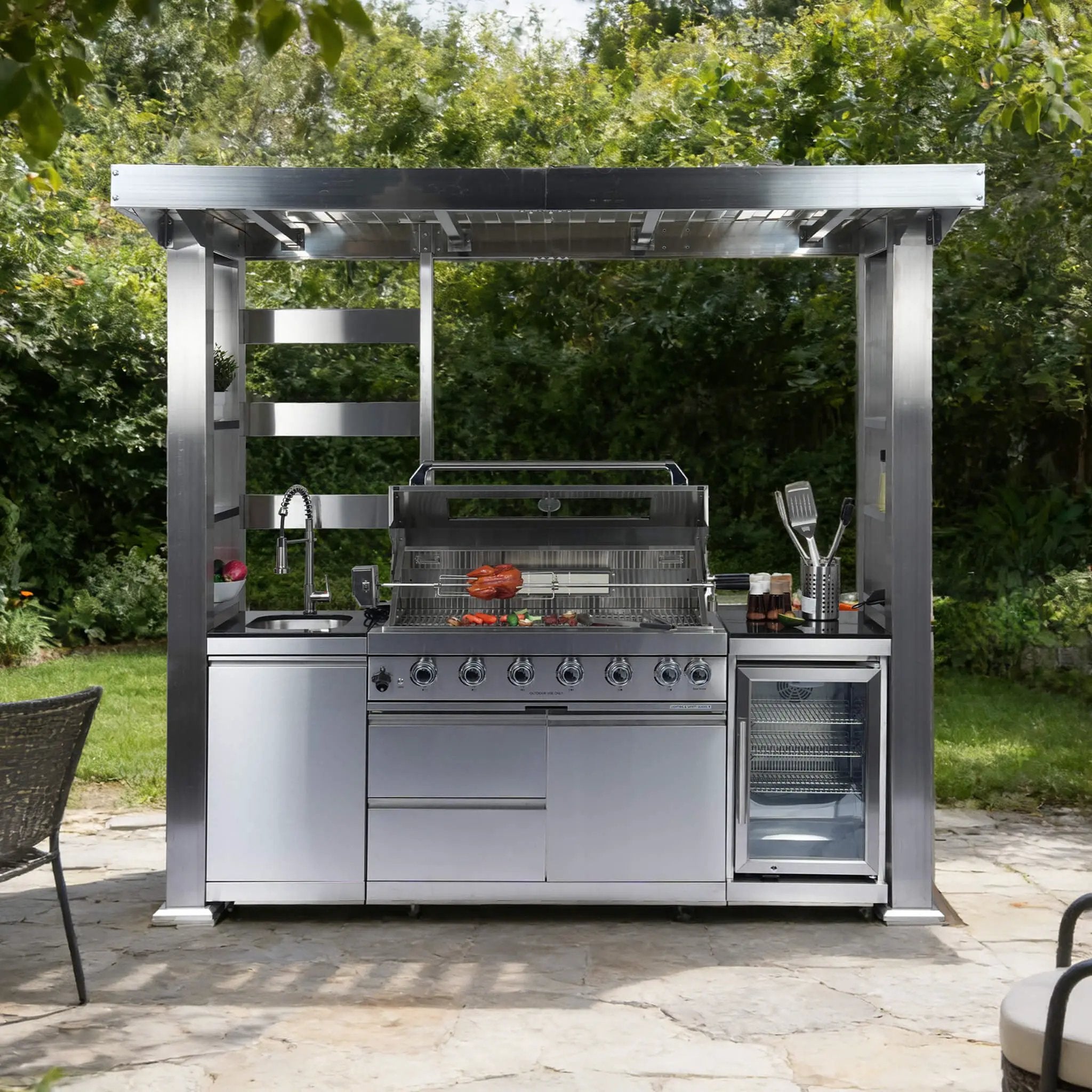 Castelle Flame Astoria 94-Inch 6-Burner 85K BTU Outdoor Kitchen Grill Island With Wine Cooler, Rotisserie, Cabinets, And Granite Countertops (SAK68014) by SAKSBY WHOLESALE
