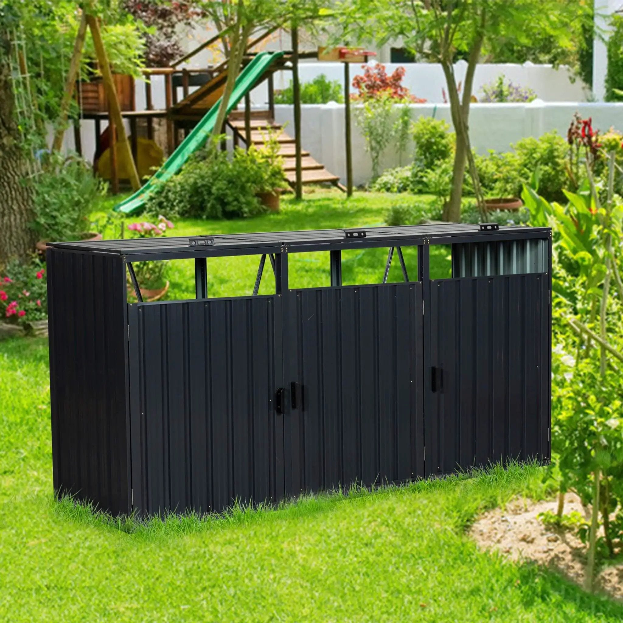 94-Inch Heavy-Duty Outdoor Galvanized Stainless Steel Garbage Bin Shed For 3 Trash Cans (SAK89882) by SAKSBY WHOLESALE
