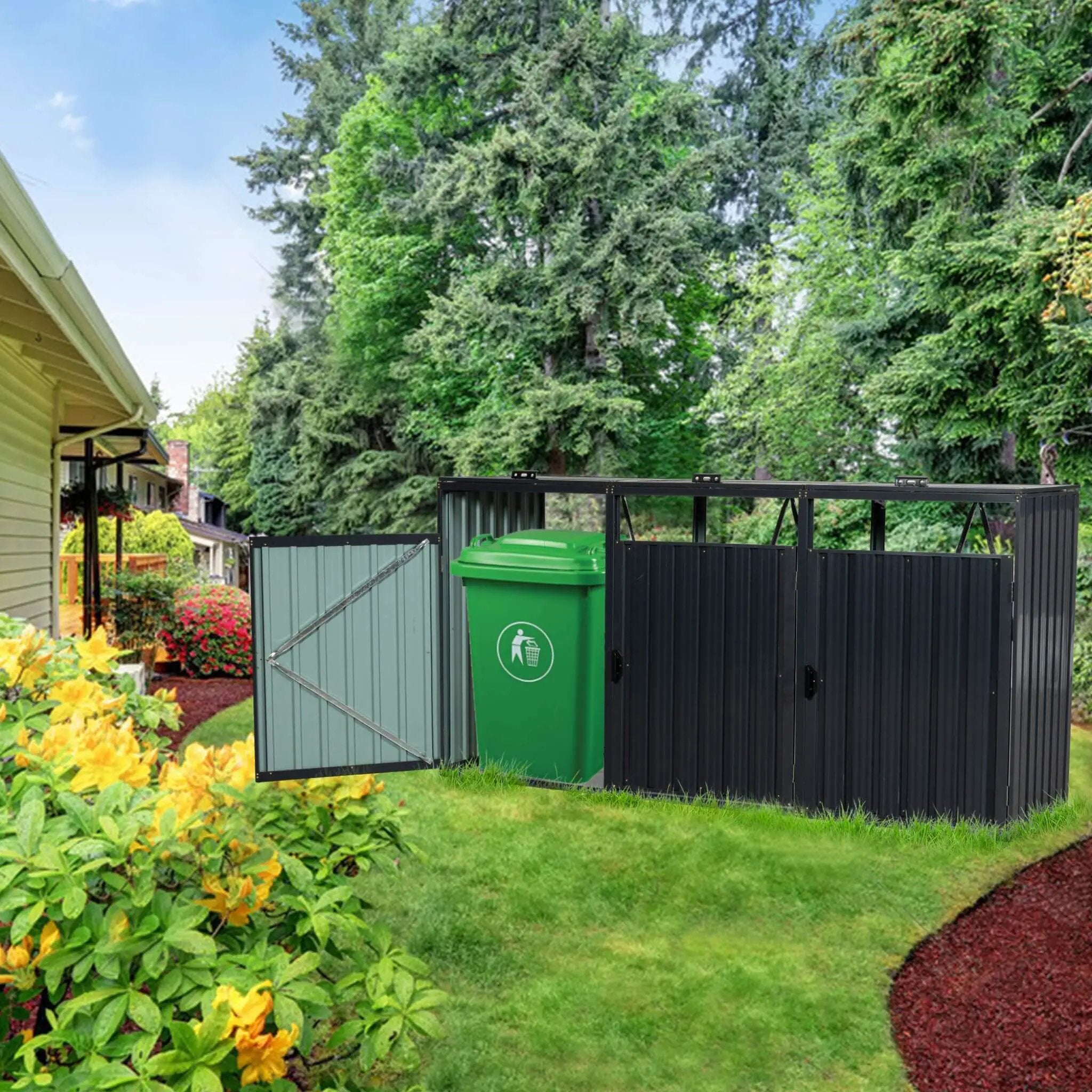 94-Inch Heavy-Duty Outdoor Galvanized Stainless Steel Garbage Bin Shed For 3 Trash Cans (SAK89882) by SAKSBY WHOLESALE