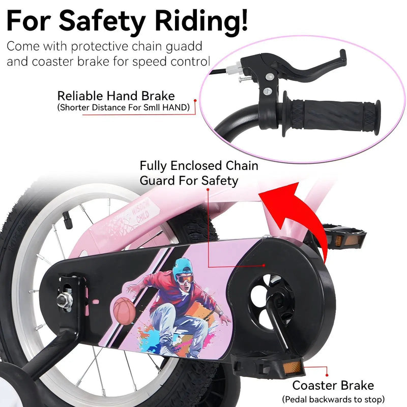 Fkznpj - 18" Sporty Kids Bike With Training Wheels And Stand Adjustable Saddle Suitable For Boys And Girls Aged 5 - 10 Years Tall Height 39 - 49" Available In A Variety Of Colors by HouseOfZazla
