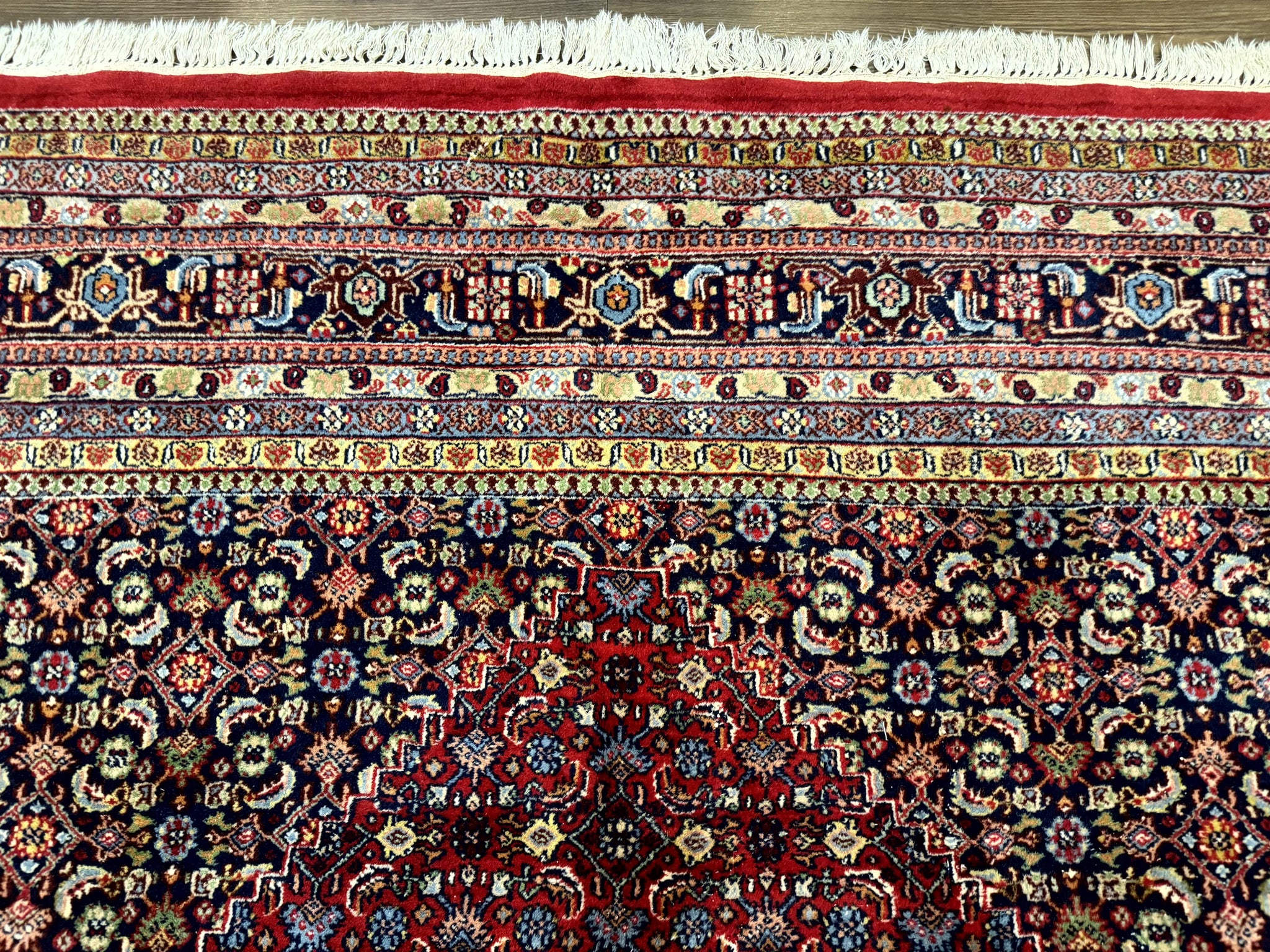 Indo Persian Bidjar Rug 10x14, Red and Dark Blue, Herati Mahi Pattern, Vintage by Jewel Rugs
