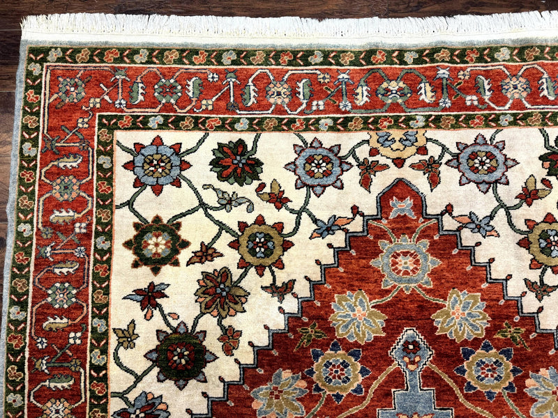 Indo Persian Heriz Rug 7x9, Geometric Pattern, Cream & Light Red, Handmade Vintage Wool Carpet by Jewel Rugs