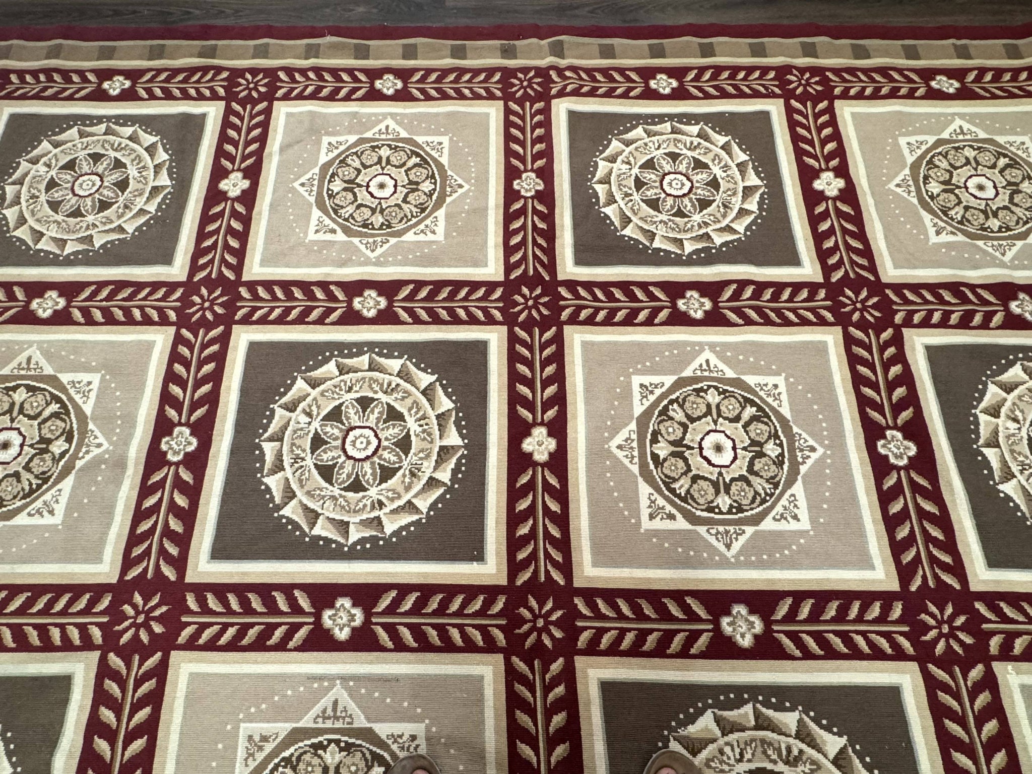 Needlepoint Rug 9x12, Panel Design, Burgundy Taupe, Elegant by Jewel Rugs