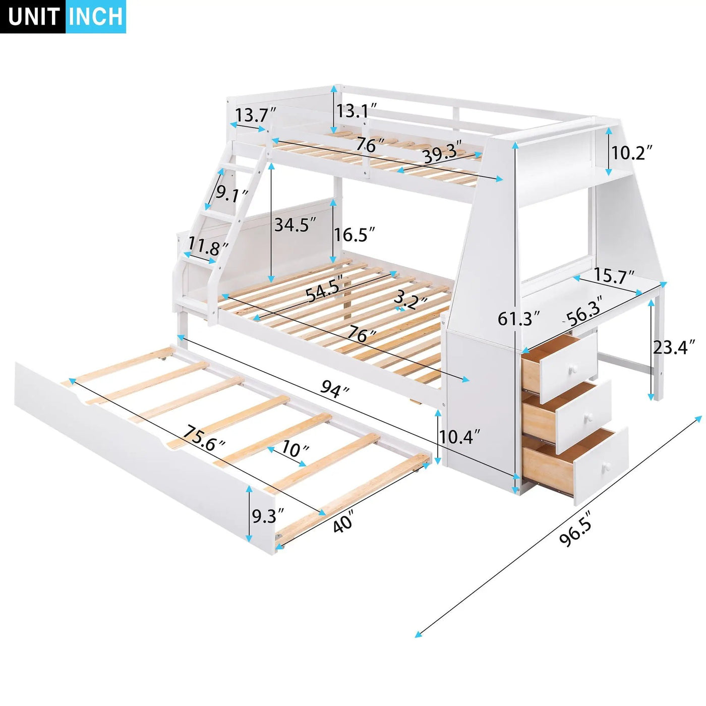Bunk Bed With Trundle And Built In Desk, 3 Storage Drawers And Shelf by Unique Piece Furniture