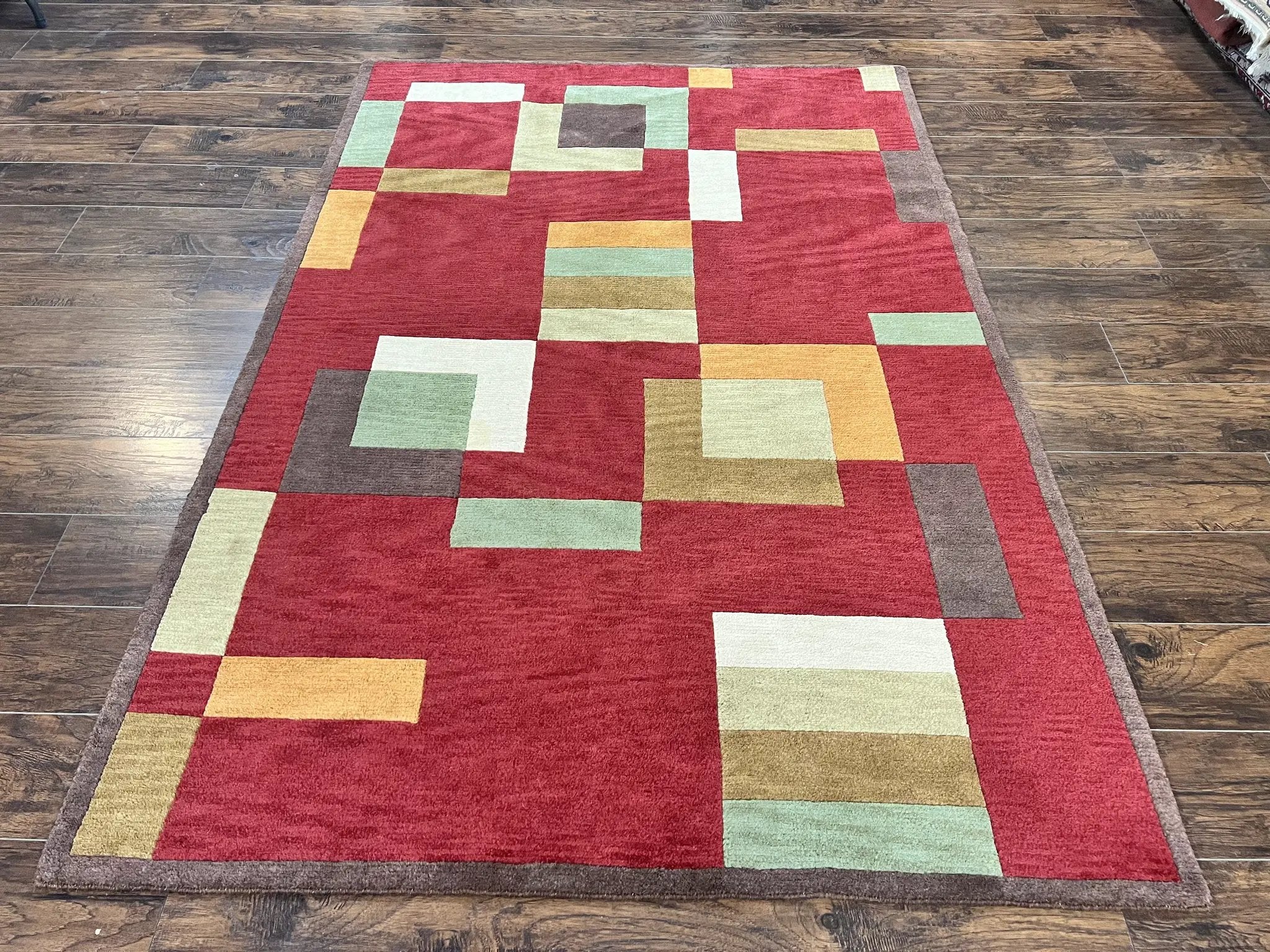 Indo Tibetan Modern Rug 5x8, Abstract Rug 5 x 8 ft, Red Multicolor Wool Handmade Contemporary Area Rug by Jewel Rugs