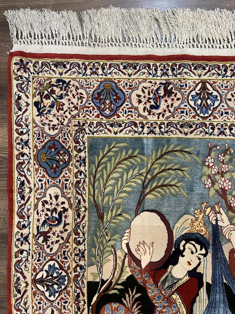 Persian Pictorial Rug 5 x 4 ft, Persian Isfahan Rug, Kork Wool on Silk Foundation, Signature from Master Weaver, Drums and Musical Instruments, Birds, Detailed by Jewel Rugs