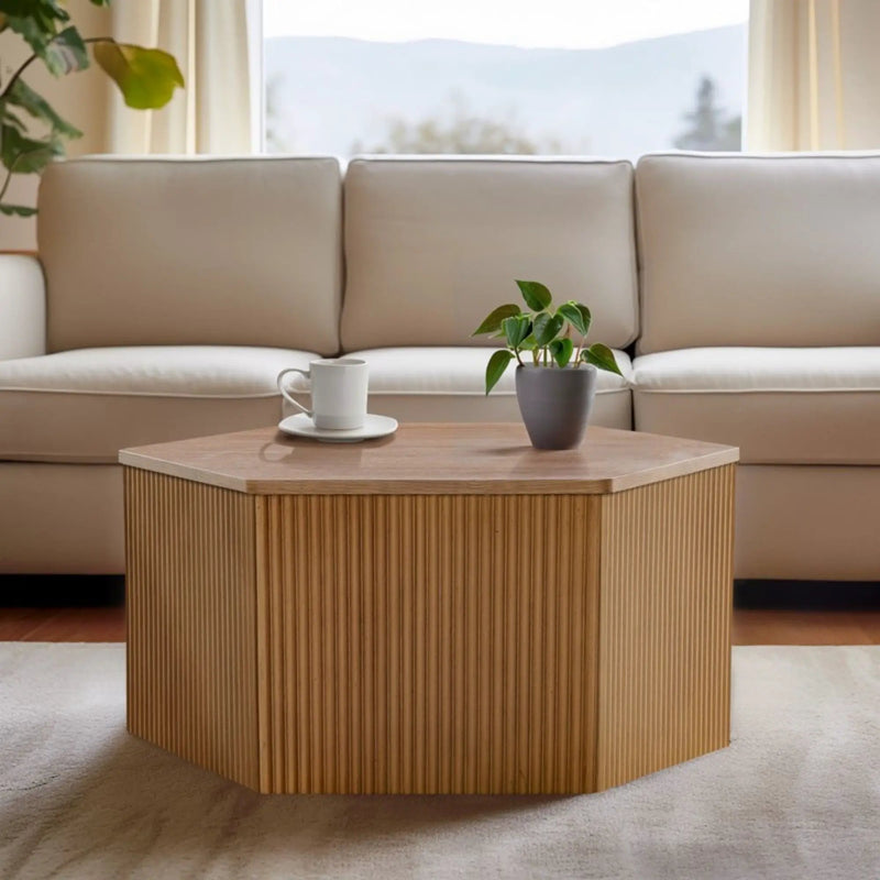 Hexagon Coffee Table With Fluted Design - Natural by HouseOfZazla