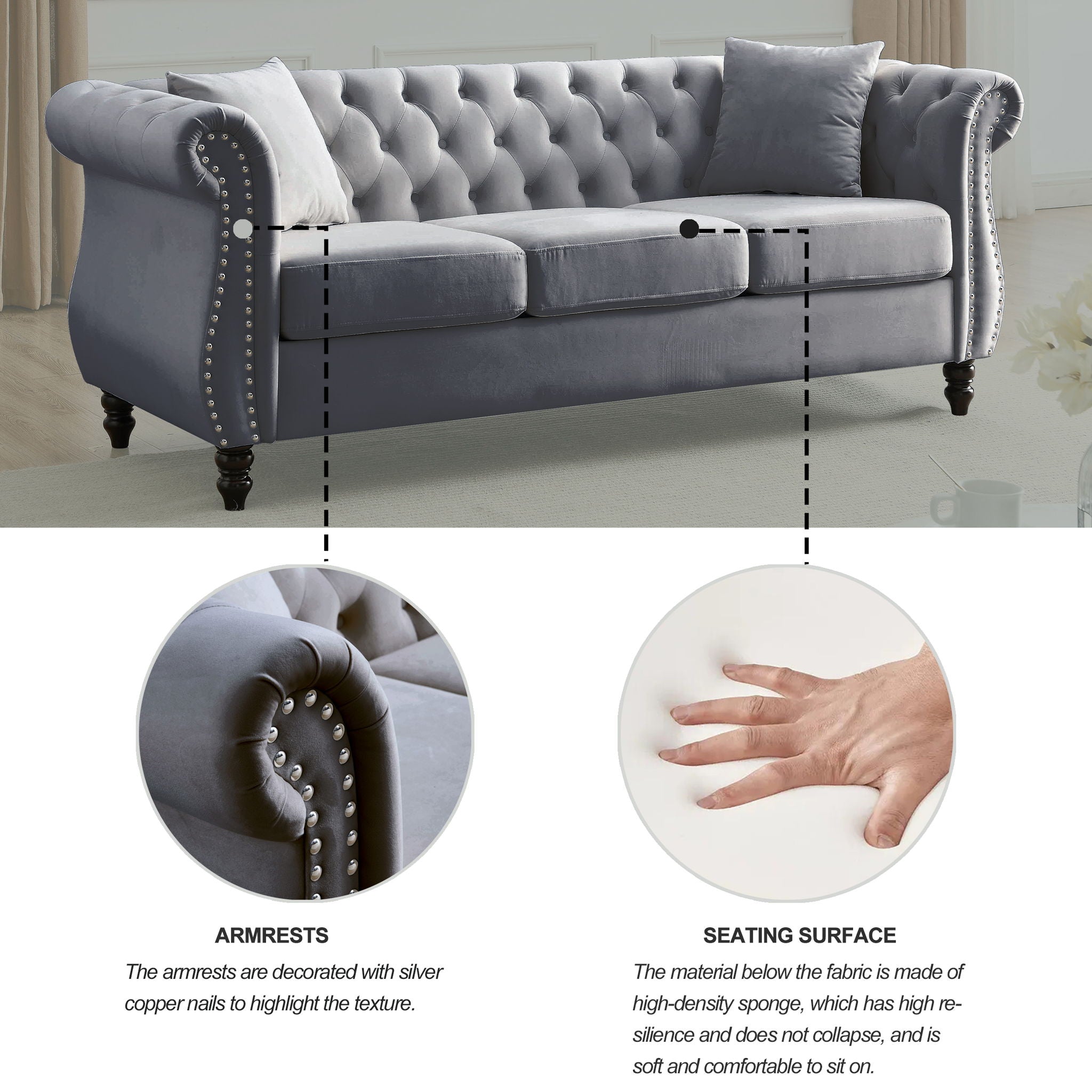 Chesterfield Sofa With Rolled Arms And Nailhead Trim by HouseOfZazla