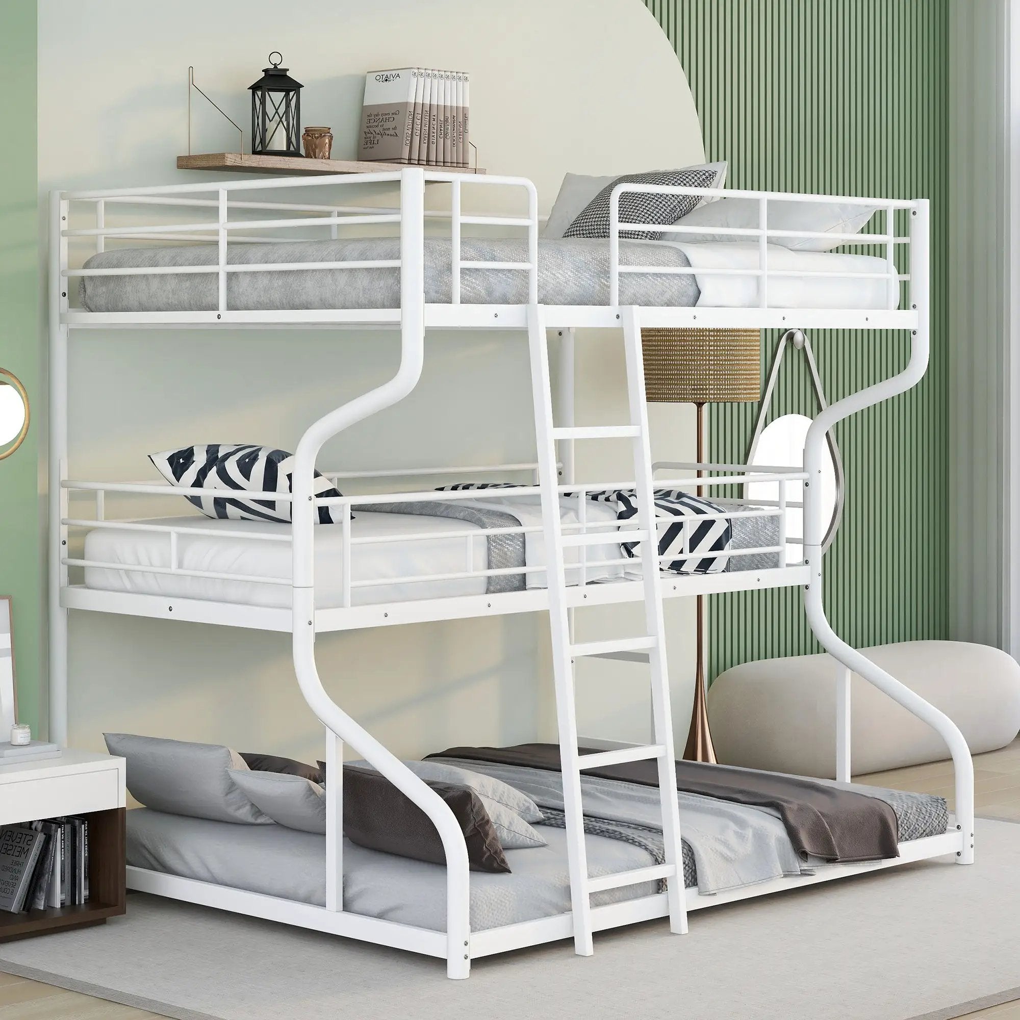 Industrial Triple Bunk Bed With Dual Ladders Frame, Space Saving Design by Unique Piece Furniture