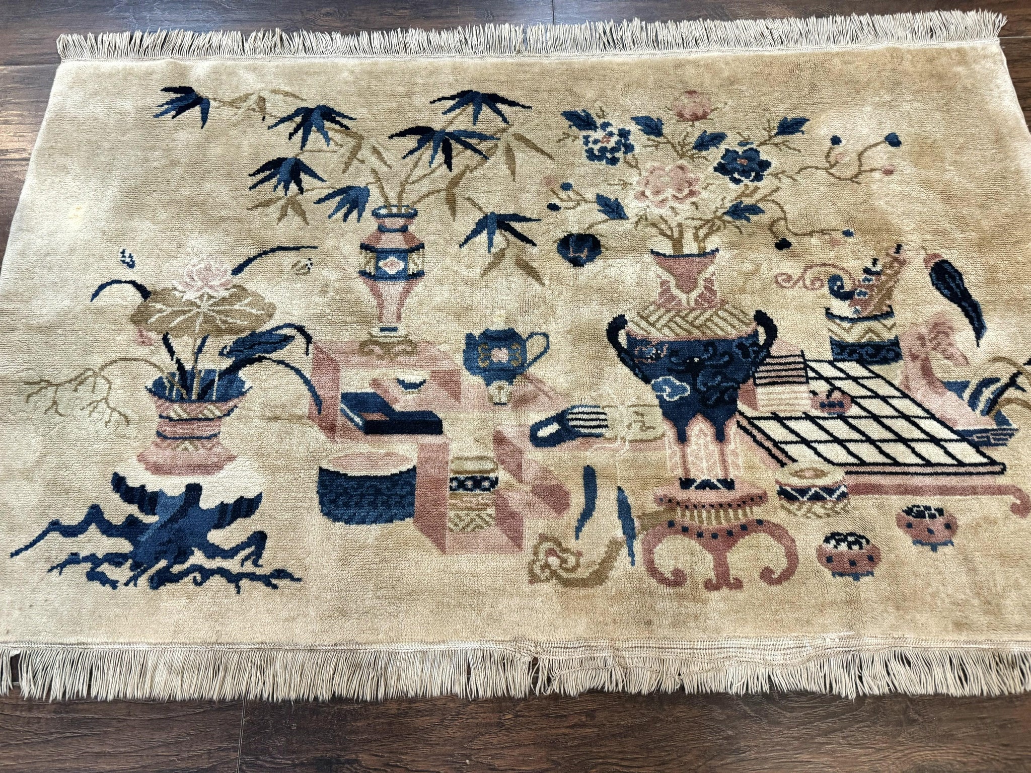 Chinese Rug 5x3, Horizontal Rug, Vases Flowers, Handmade Antique Vintage Carpet, Peking Rug, Chinese Wool Rug by Jewel Rugs