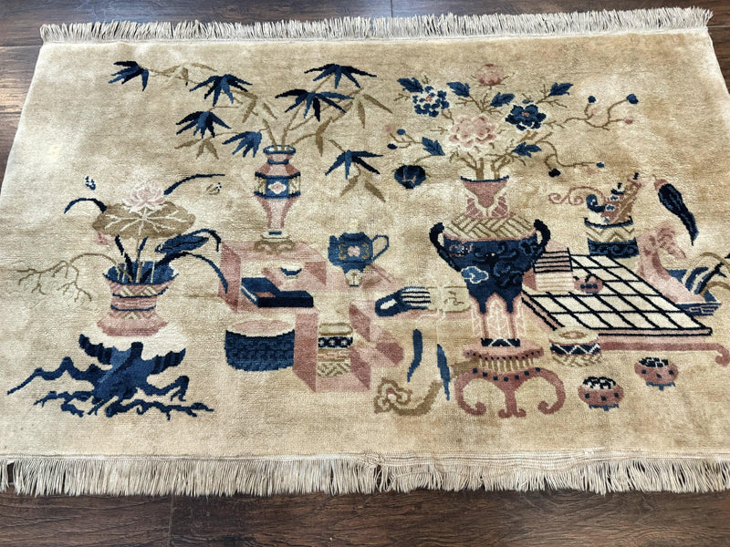 Chinese Rug 5x3, Horizontal Rug, Vases Flowers, Handmade Antique Vintage Carpet, Peking Rug, Chinese Wool Rug by Jewel Rugs