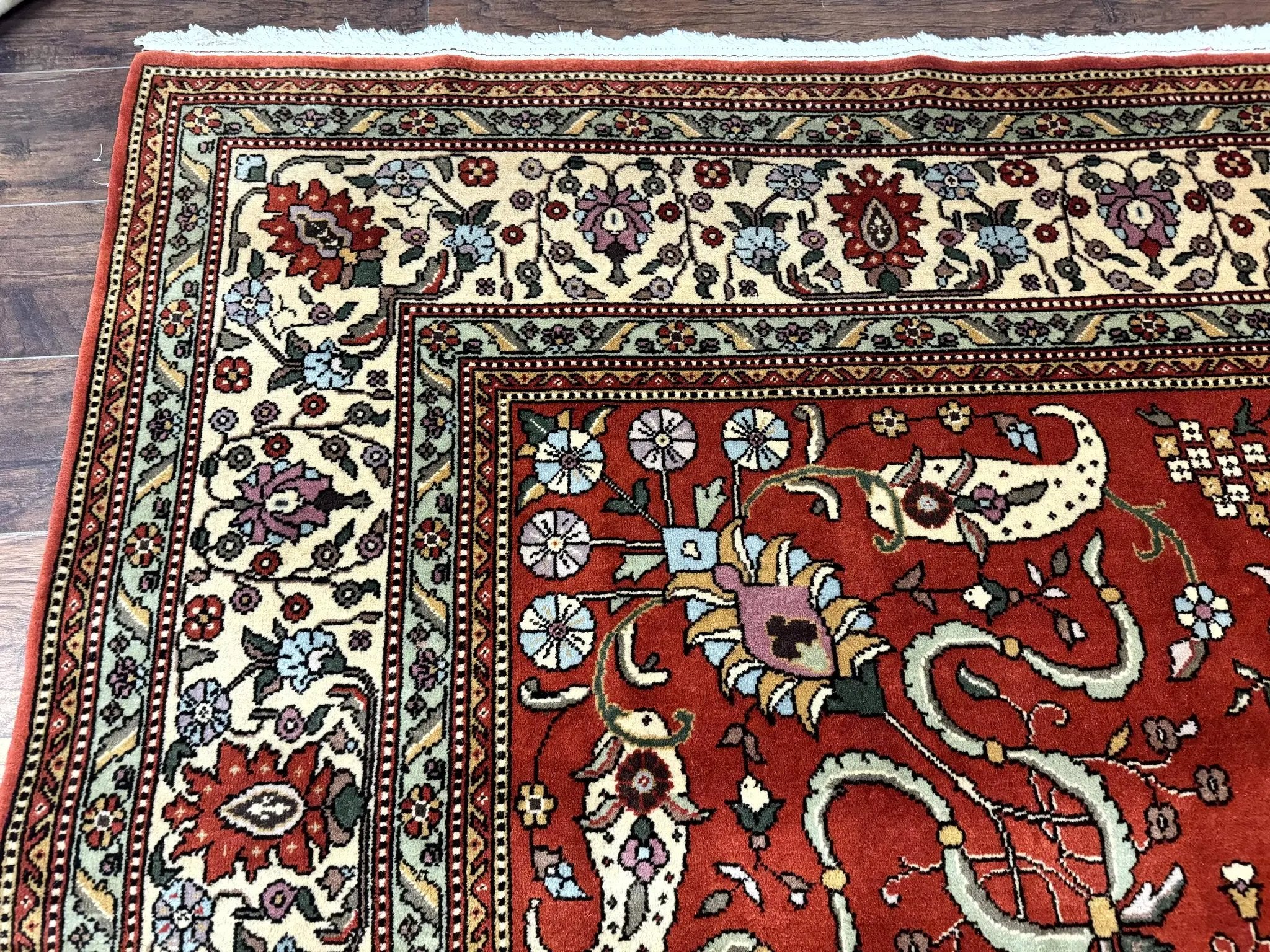 Romanian Rug 10x13, Vintage Handmade Wool Carpet, Floral Pattern, Birds, Red and Cream, Signed By Masterweaver, Persian Rug by Jewel Rugs