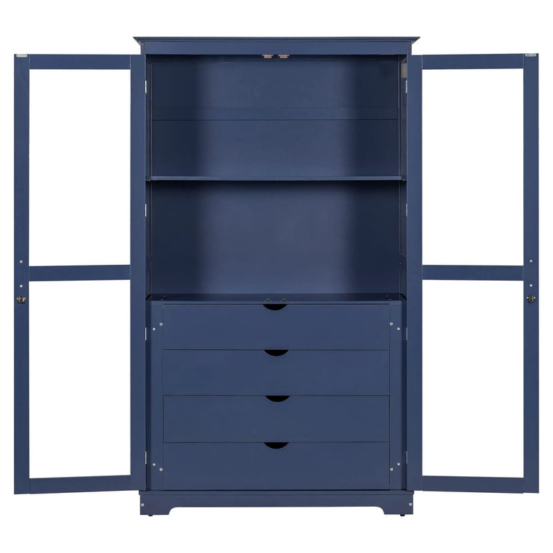 Kitchen Pantry, Freestanding Kitchen Storage Cabinet Display Cabinet With Glass Doors And 4 Built In Drawers For Living Room, Home Office - Blue by HouseOfZazla
