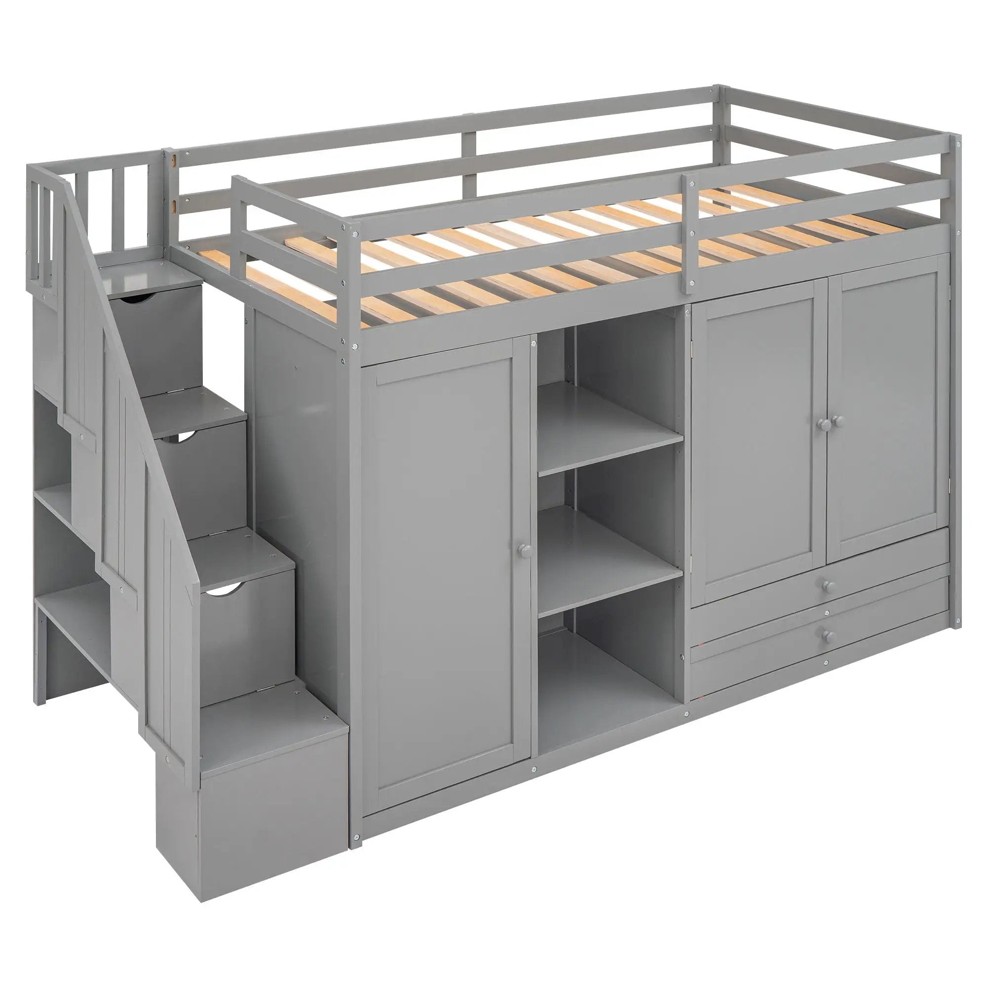 Loft Bed With 3 Shelves, 2 Wardrobes, 2 Drawers, Ladder Storage by Unique Piece Furniture