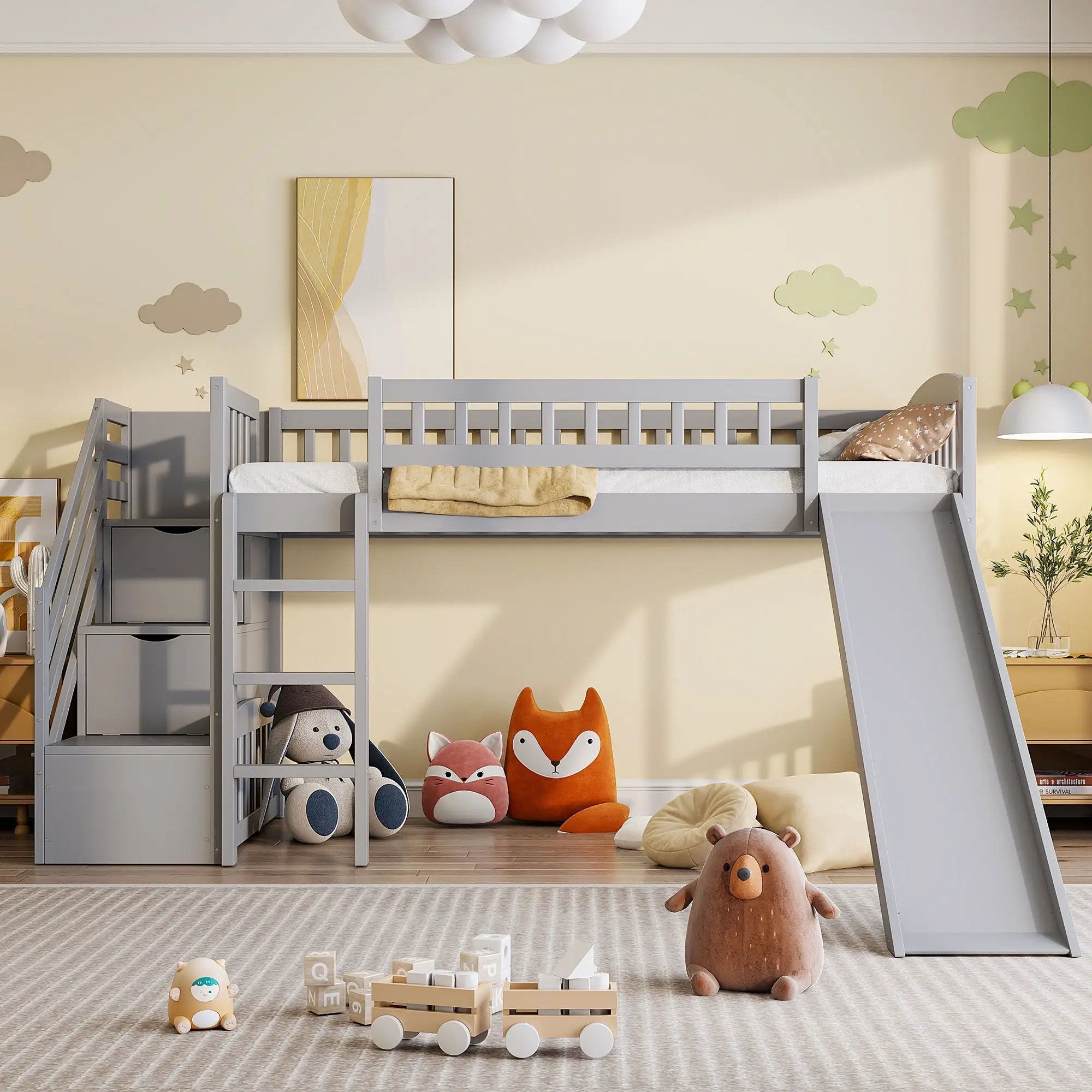 Loft Stairway Bed With 2 Drawers, Convertible Ladder And Slide