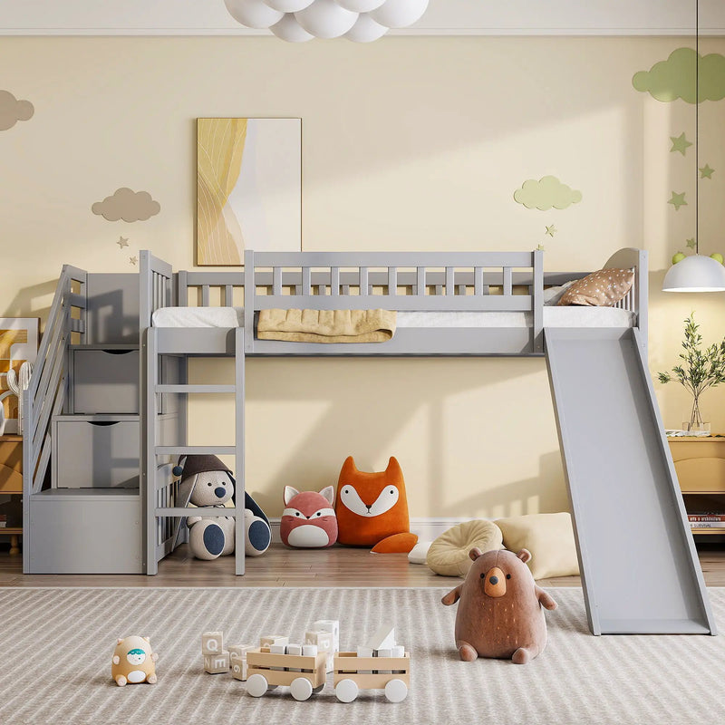 Loft Stairway Bed With 2 Drawers, Convertible Ladder And Slide