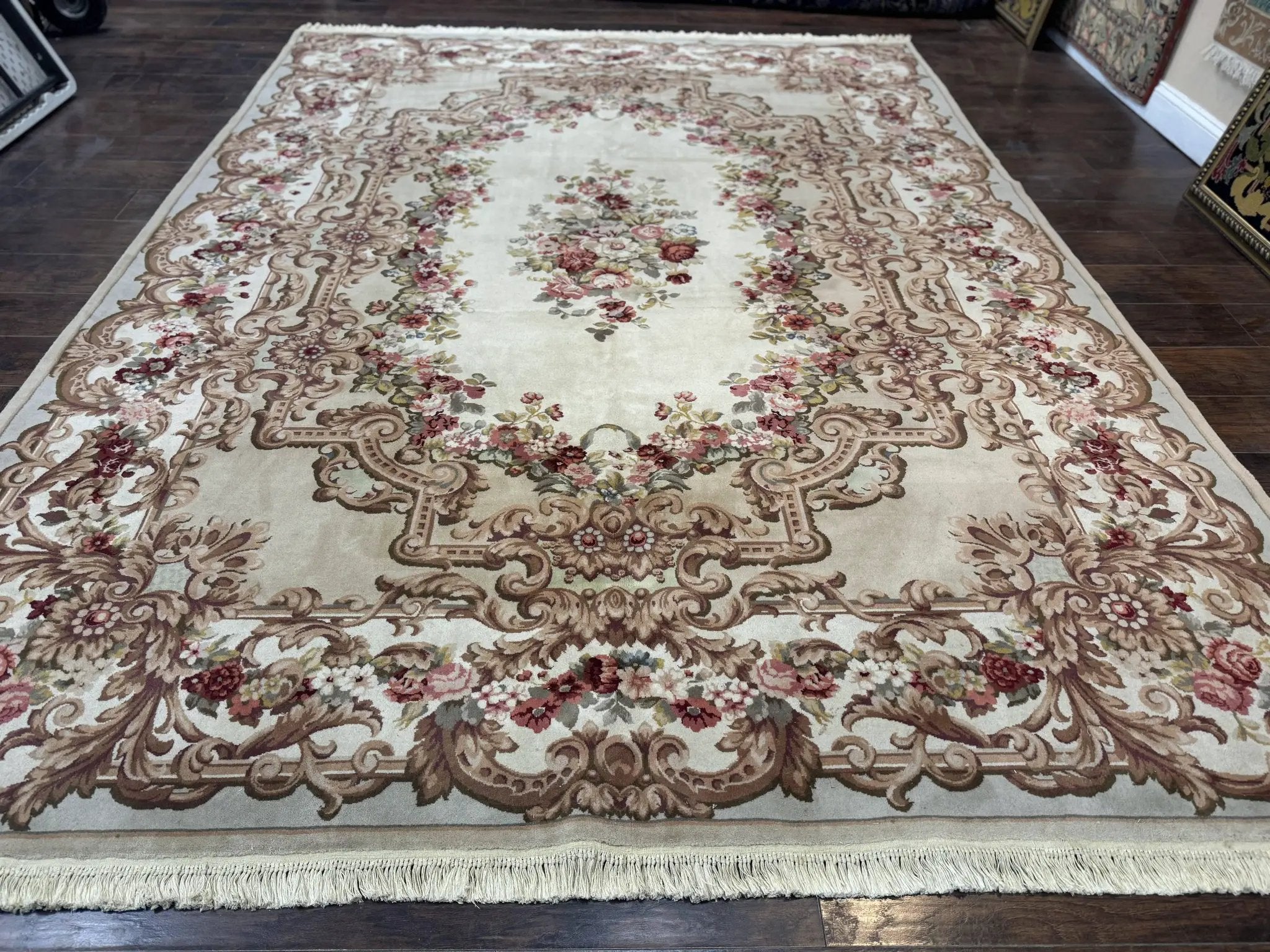 Aubusson Rug 8x12, European French Savonnerie Design, Thick Wool Pile, Elegant Rug, Cream Beige Light Green by Jewel Rugs