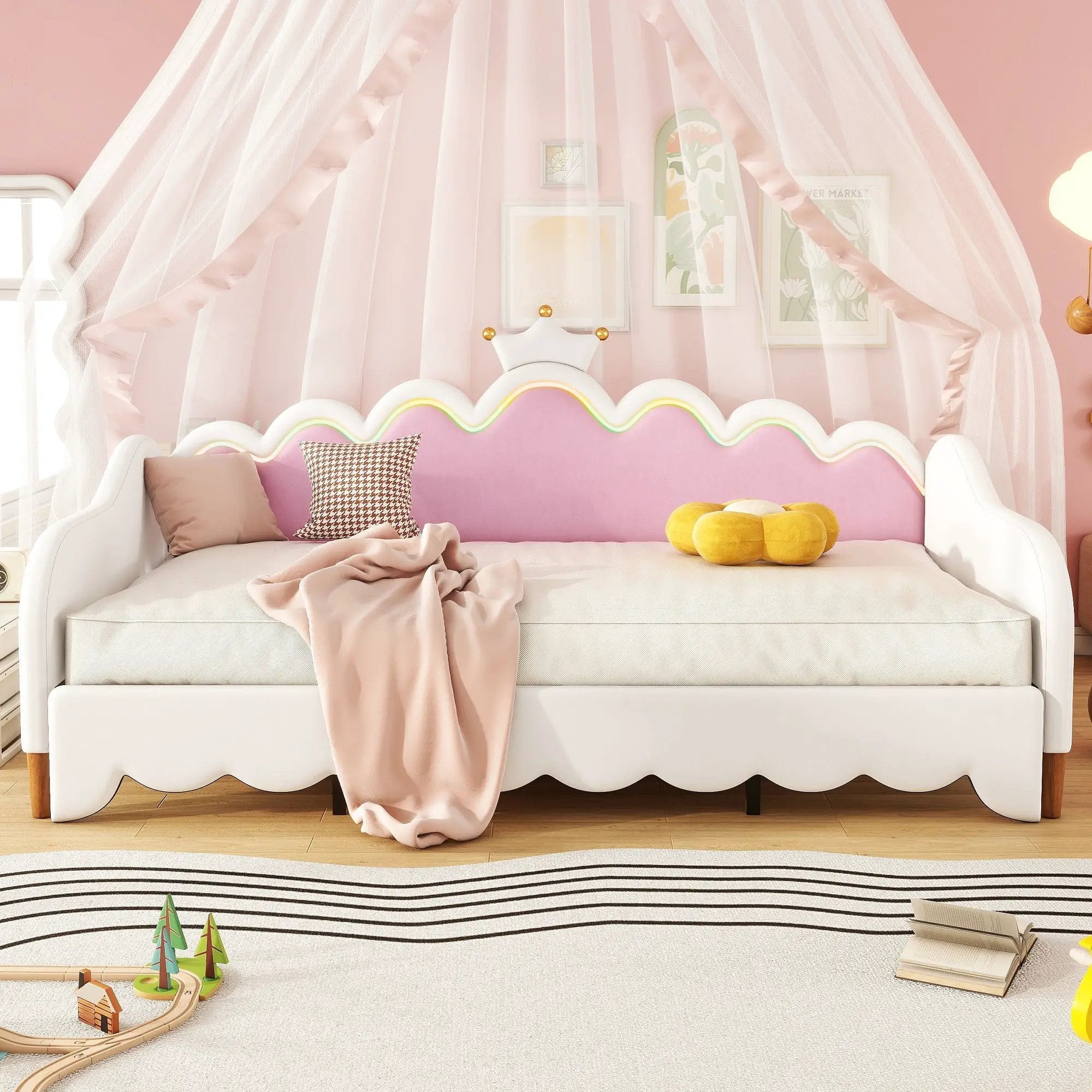 Extending Daybed With LED Lights, Modern Upholstered Princess Daybed With Crown Headboard by Unique Piece Furniture