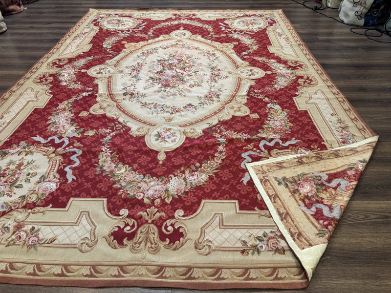 Aubusson Rug 8x11, Needlepoint Carpet, Red Ivory Beige, Vintage, French European Design by Jewel Rugs