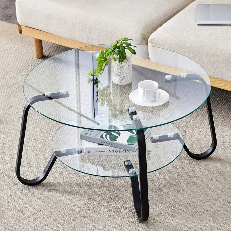 Retro Minimalist Style Metal Frame Double Layer Tempered Glass Coffee Table by Unique Piece Furniture