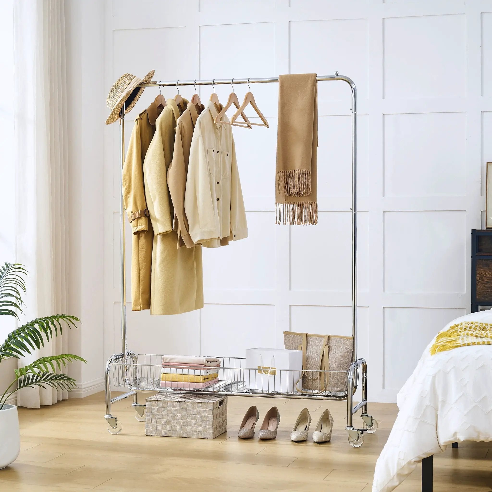 Heavy Duty Iron Garment Rack With Basket On Wheels - Silver by HouseOfZazla
