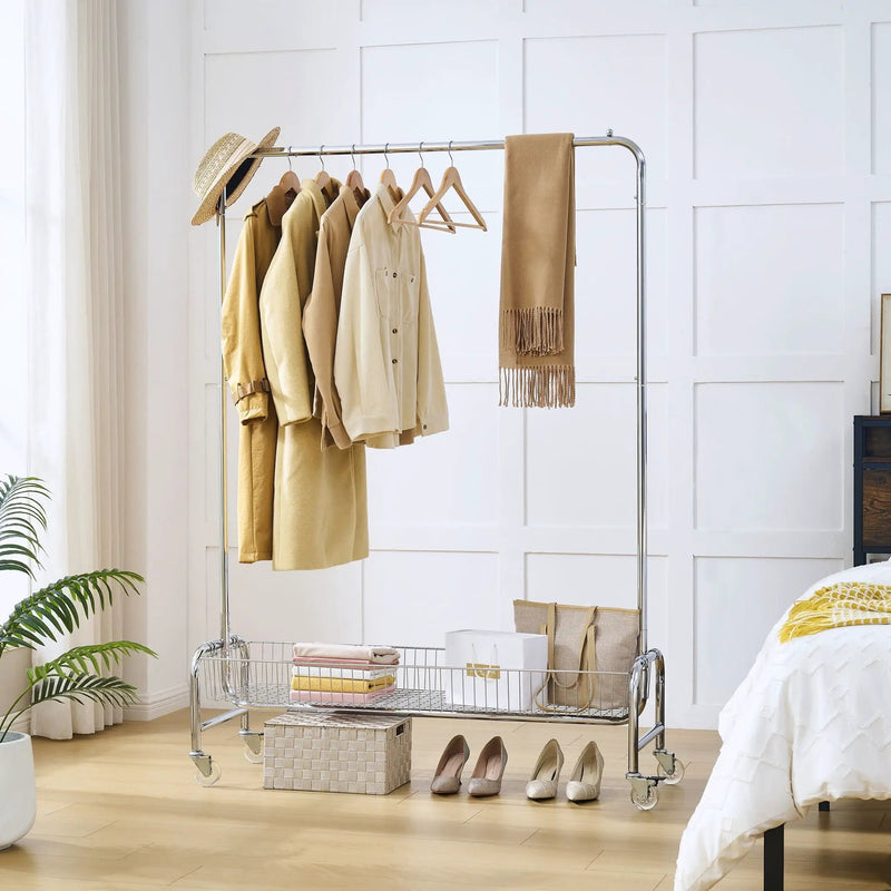 Heavy Duty Iron Garment Rack With Basket On Wheels - Silver by HouseOfZazla