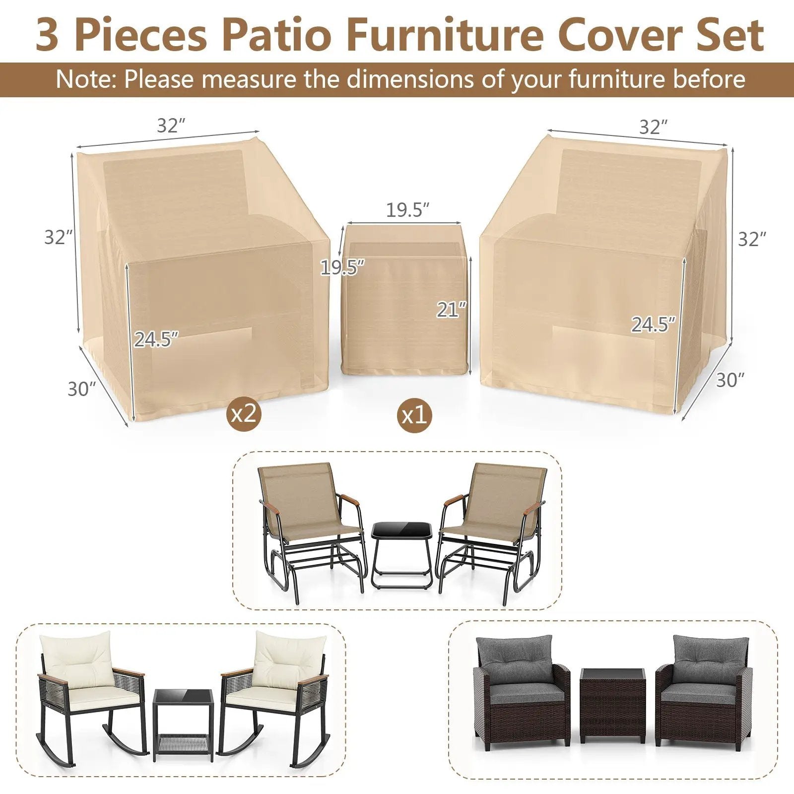 Patio Furniture Covers Waterproof Outdoor Conversation Covers for 3 Pieces Bistro Set-Beige by DirectDeals