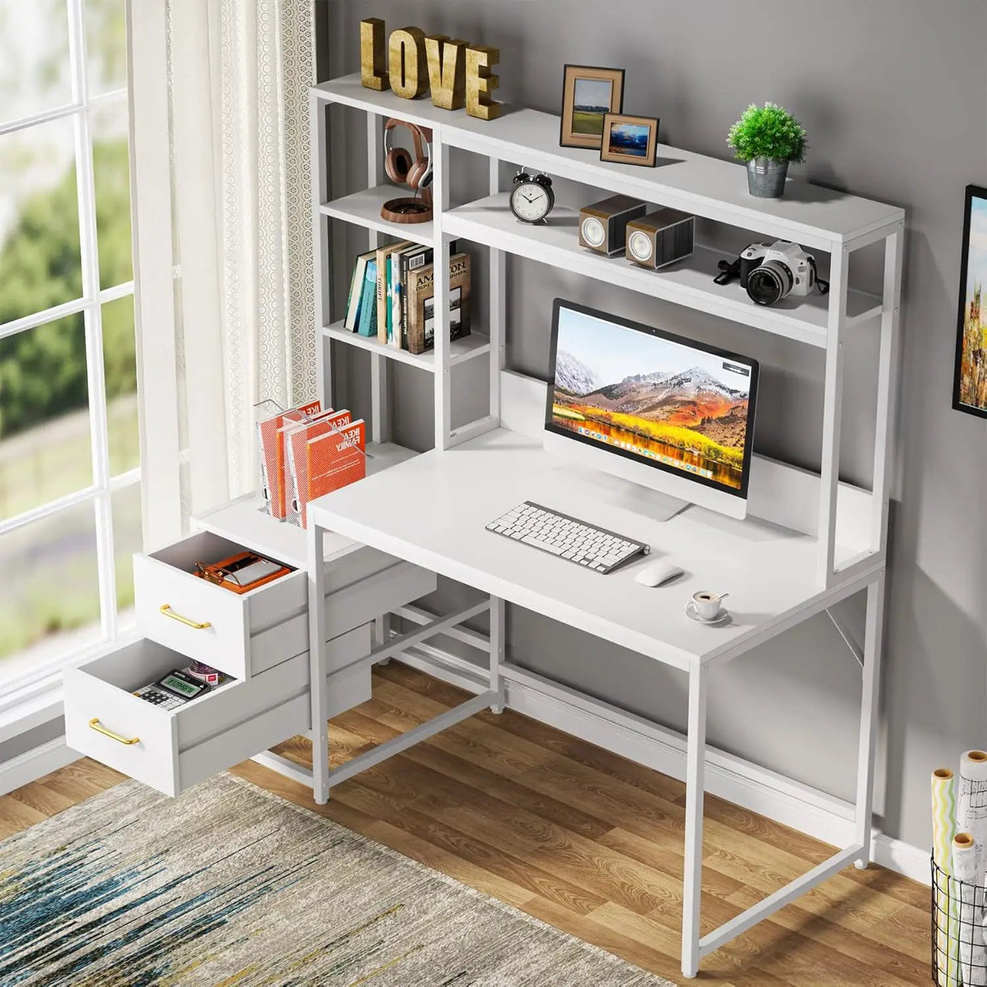 Computer Desk With Hutch, 2 Drawers & Open Shelves by HouseOfZazla