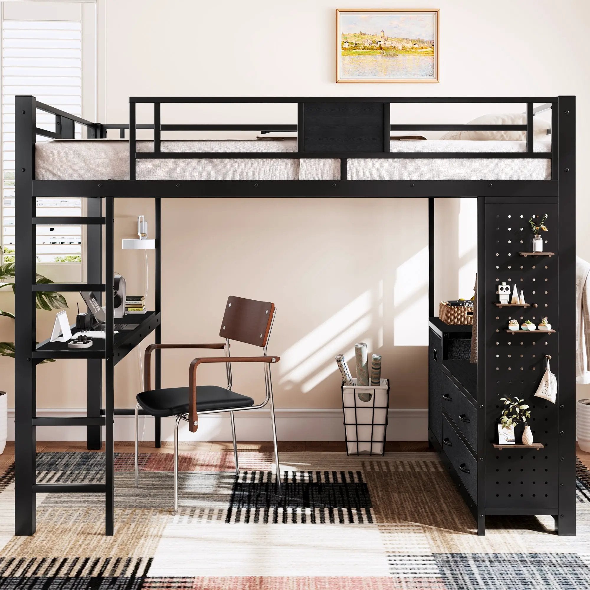 Queen Size Loft Bed with Desk & Shelves by HouseOfZazla