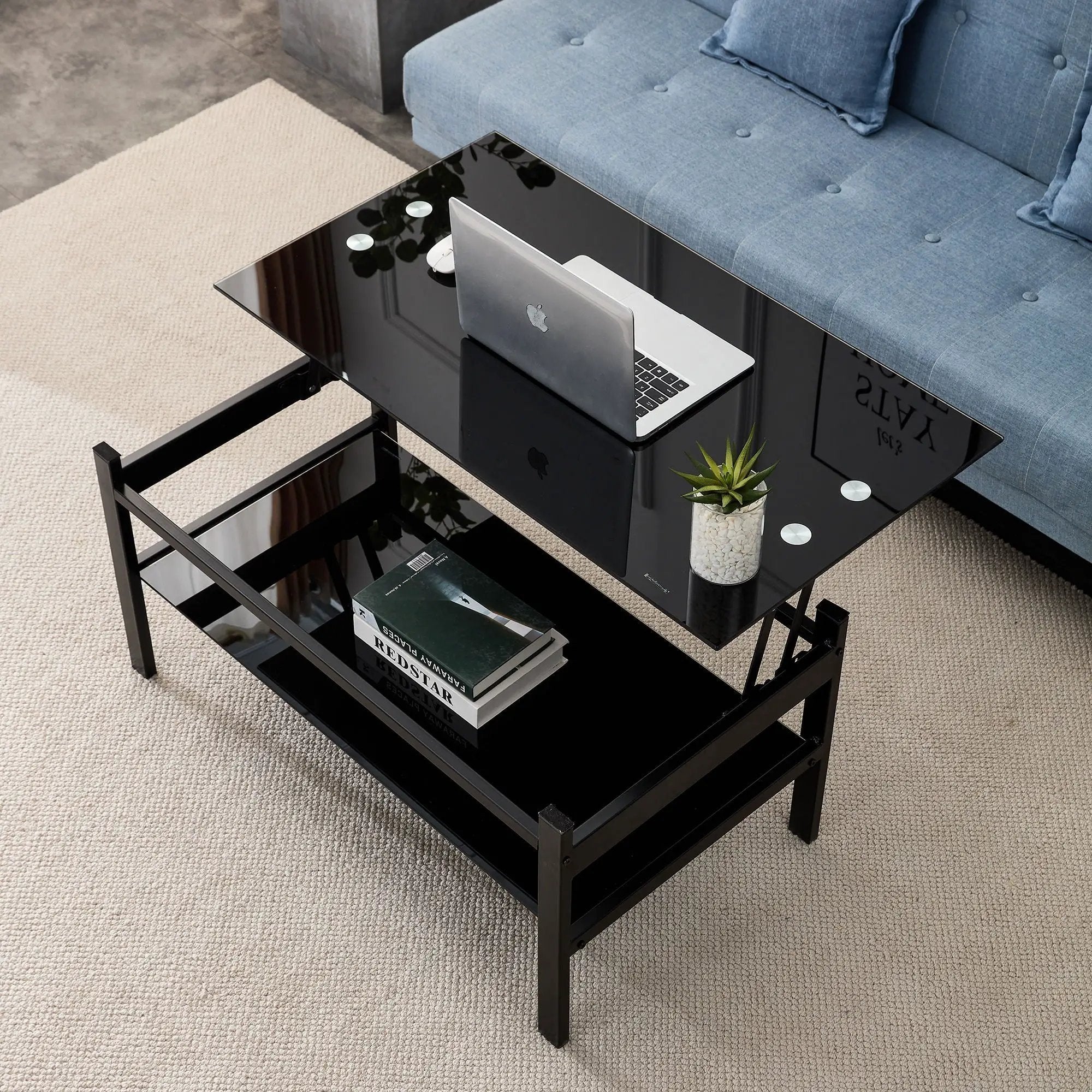 Glass Lift Top Coffee Table, Modern Simple 2-Layer Tempered Glass Coffee Table For Living Room - Black by Unique Piece Furniture