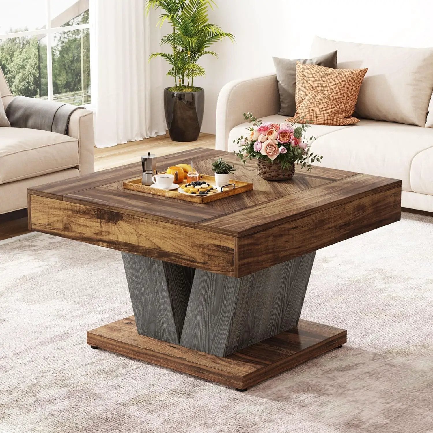 Square Coffee Table With Crisscross Base - Brown / Black by HouseOfZazla