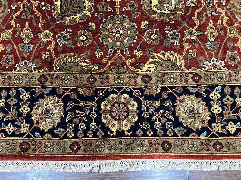 Indo Persian Rug 9x12, Hand Knotted Traditional Indian Wool Oriental Carpet 9 x 12 ft, Maroon and Navy Blue, Floral Allover 9x12 Vintage Rug by Jewel Rugs