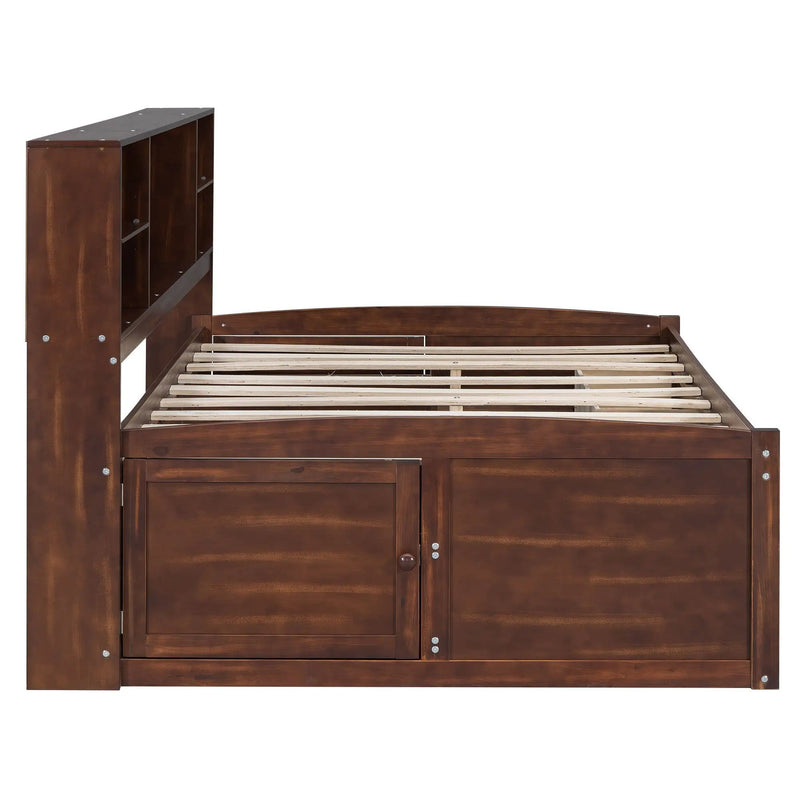 Full Size Captain Bed With Built In Storage Shelves, 4 Drawers And 2 Cabinets - Antique Brown by HouseOfZazla