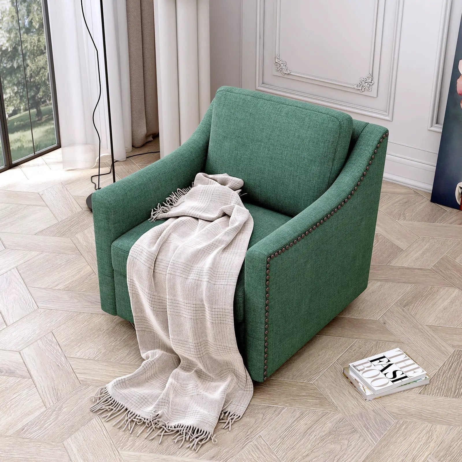 360 Degree Swivel Armchair Cotton Linen Fabric with Brass Nail Detailing by HouseOfZazla