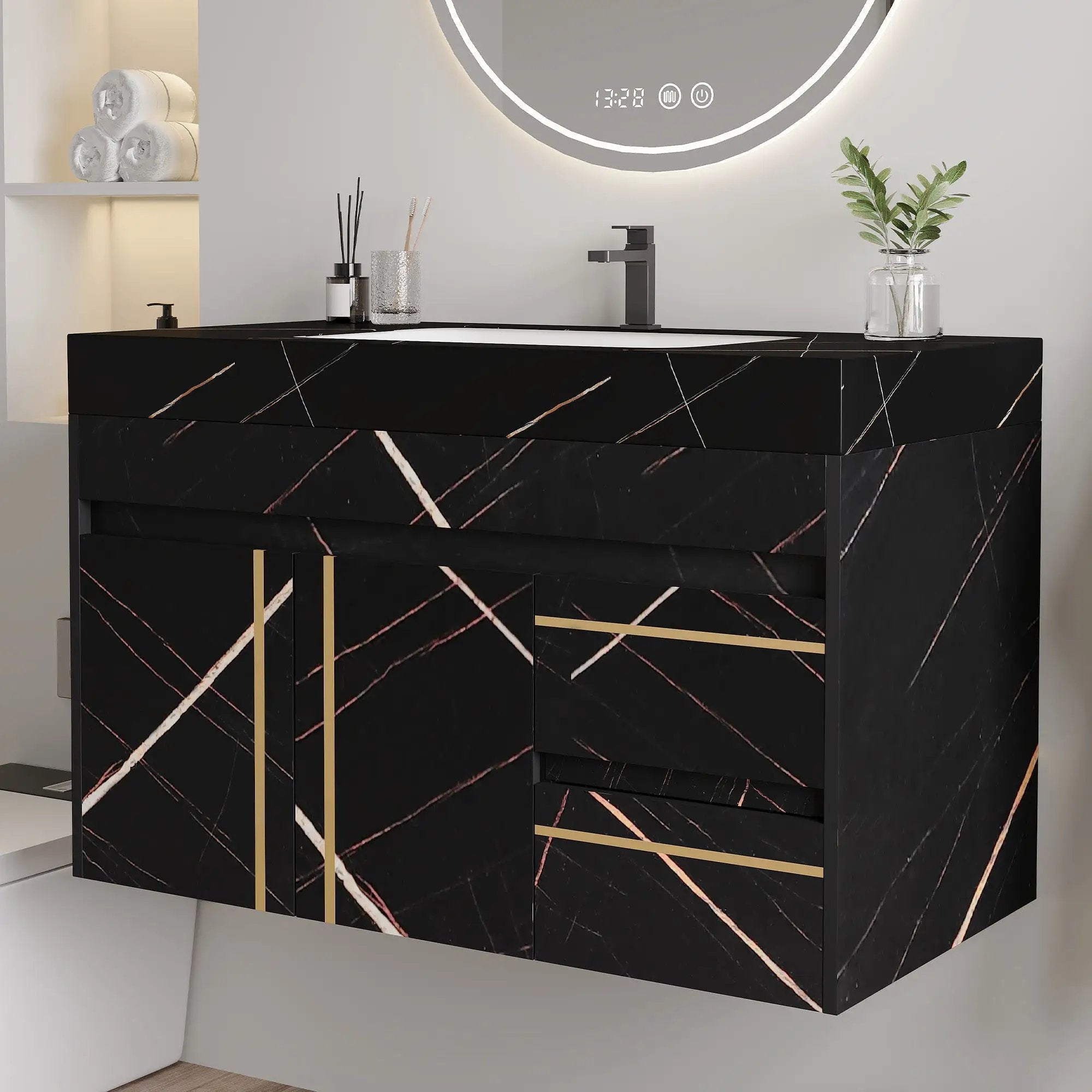 35.2 in Floating Bathroom Vanity with Sink and Faux Marble Top by HouseOfZazla
