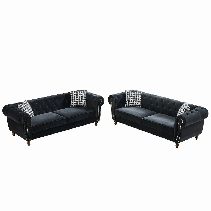 Chesterfield Upholstery Fabric Sofa With Roll Armrest & Nailhead, Mid Century Modern 3 And 3 Seater Couch by Unique Piece Furniture