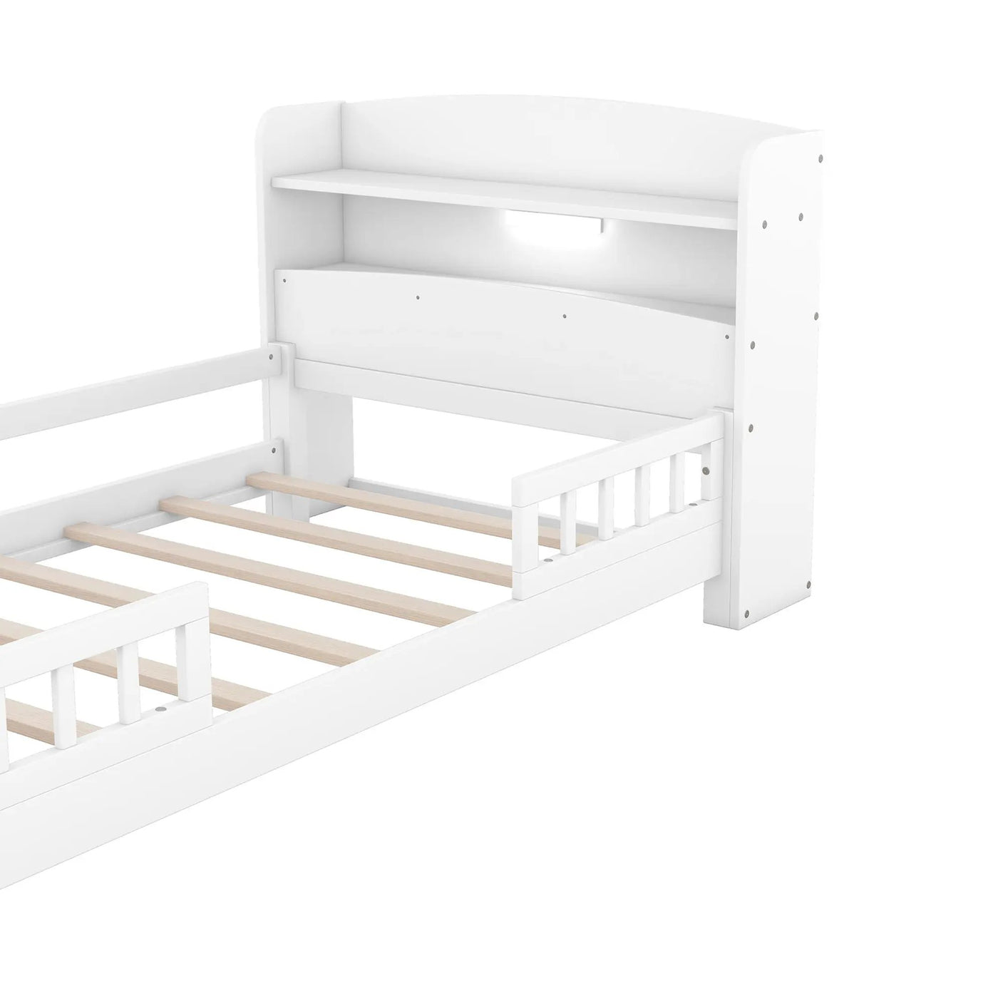 Wood Platform Bed With Built In LED Light, Storage Headboard And Guardrail by HouseOfZazla