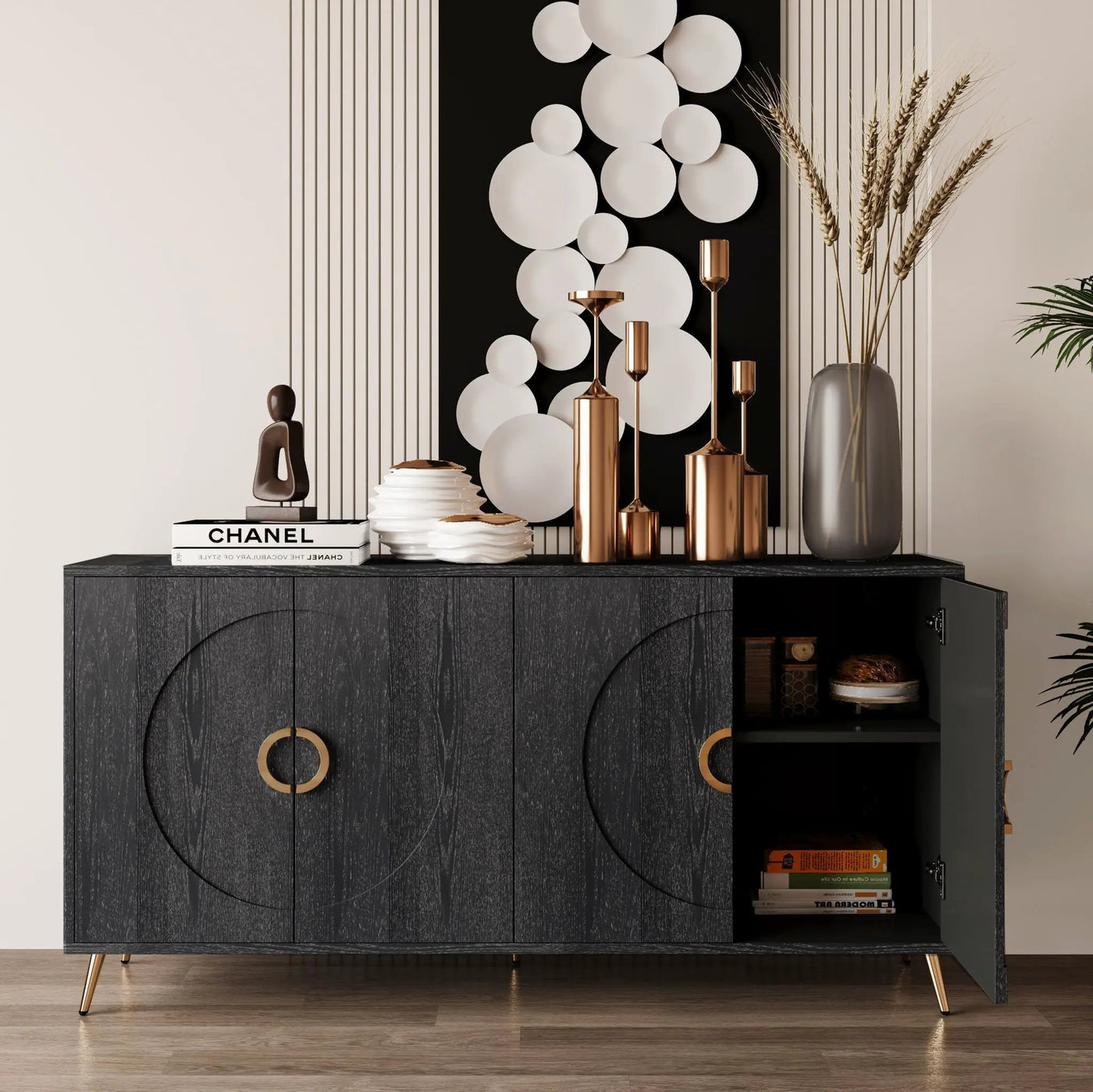 Modern Lacquered 4 Door Wooden Cabinet Sideboard Buffet Server Cabinet Storage Cabinet, For Living Room, Entryway, Hallway, Office, Kitchen And Dining Room by HouseOfZazla
