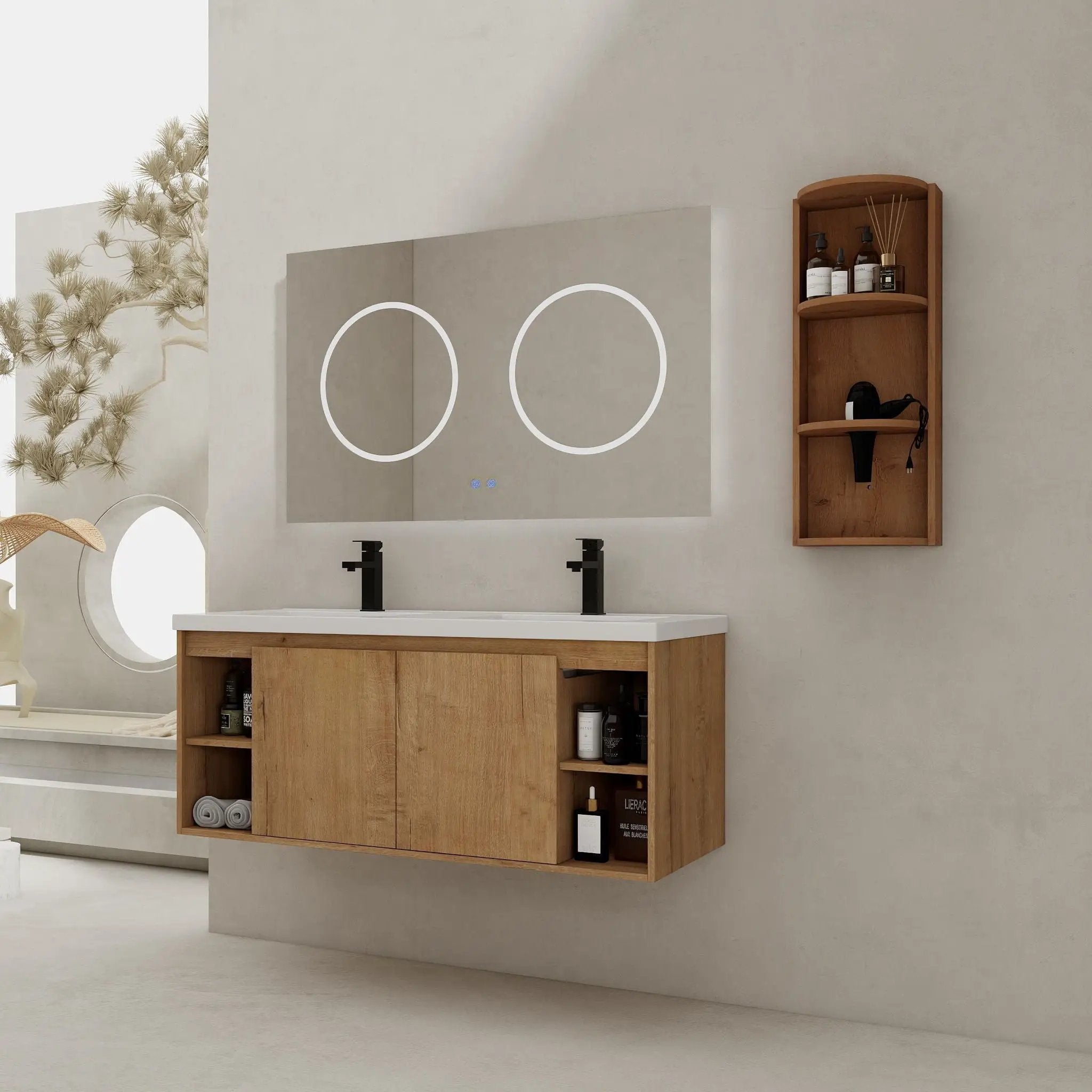 Modern 48" Wall Mounted Bathroom Vanity With Double Resin Sink And Storage Rack Soft Close Doors - Imitative Oak by Unique Piece Furniture