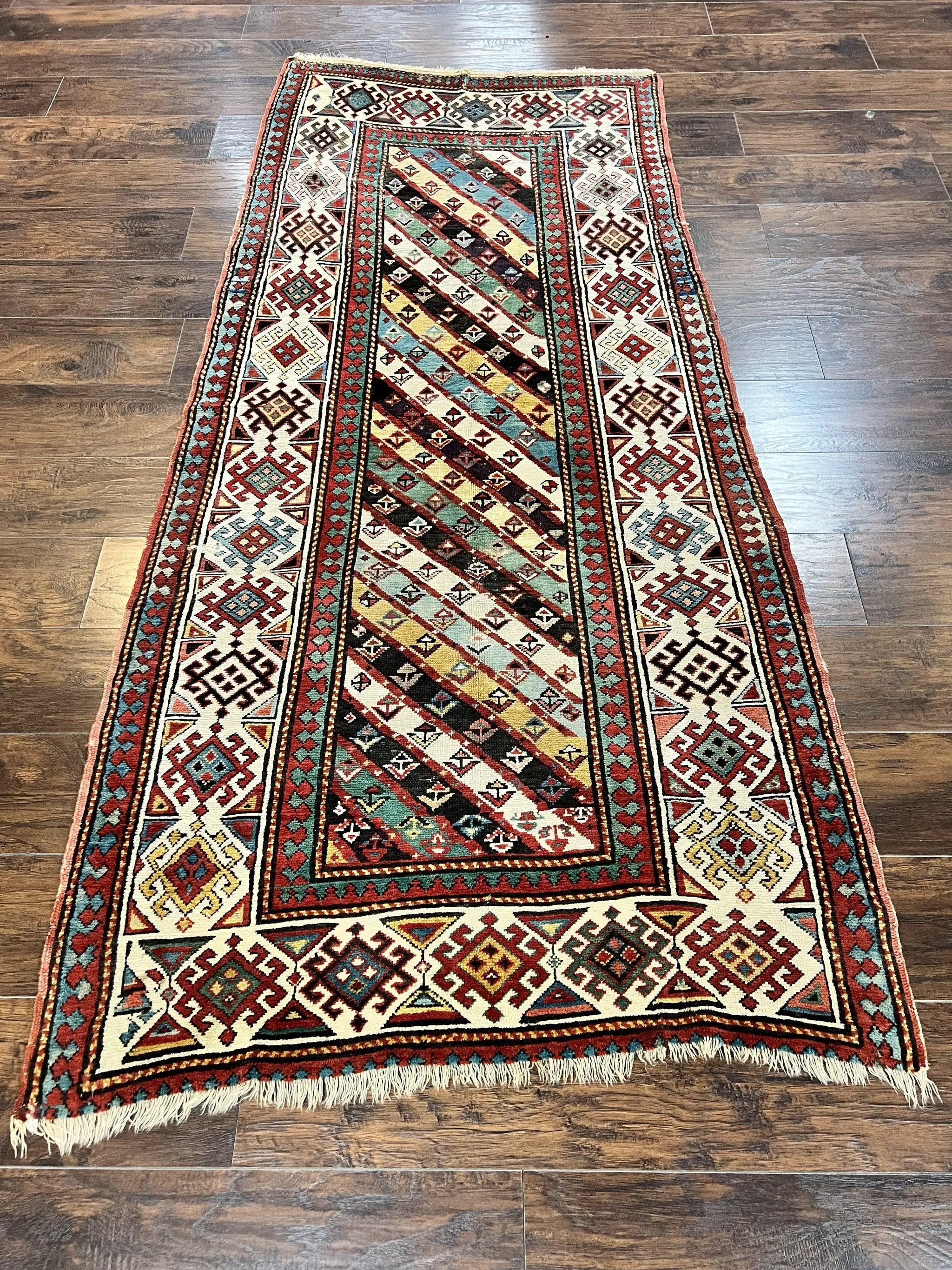 Caucasian Kazak Runner Rug 3.6 x 8, Wool Hand Knotted Antique 1880s Carpet, Ivory & Multicolor Stripes Oriental Runner Rug, Hallway Rug by Jewel Rugs