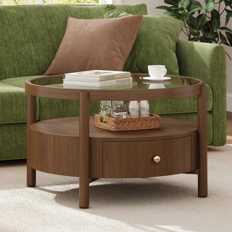 Solid Wood Round Glass Top Coffee Table with Storage Drawer by HouseOfZazla