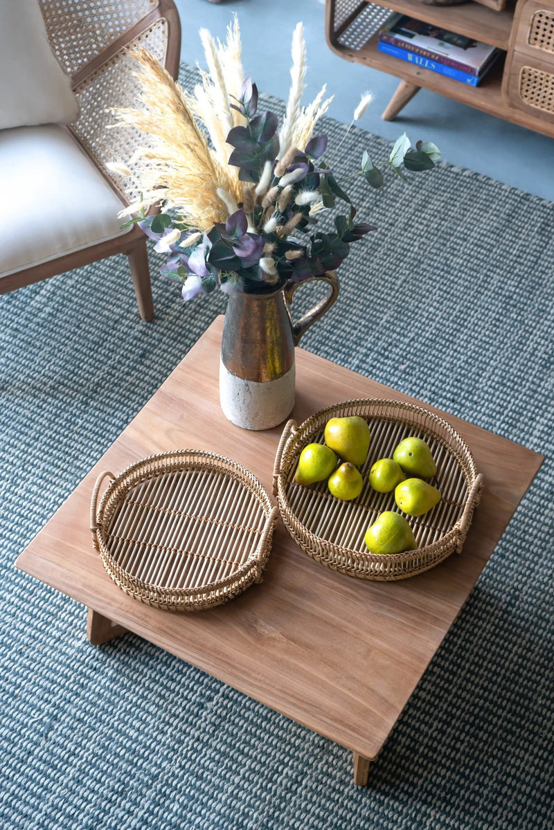 Set of 3 Round Decorative Brown Bamboo Woven Trays with Handles by HouseOfZazla