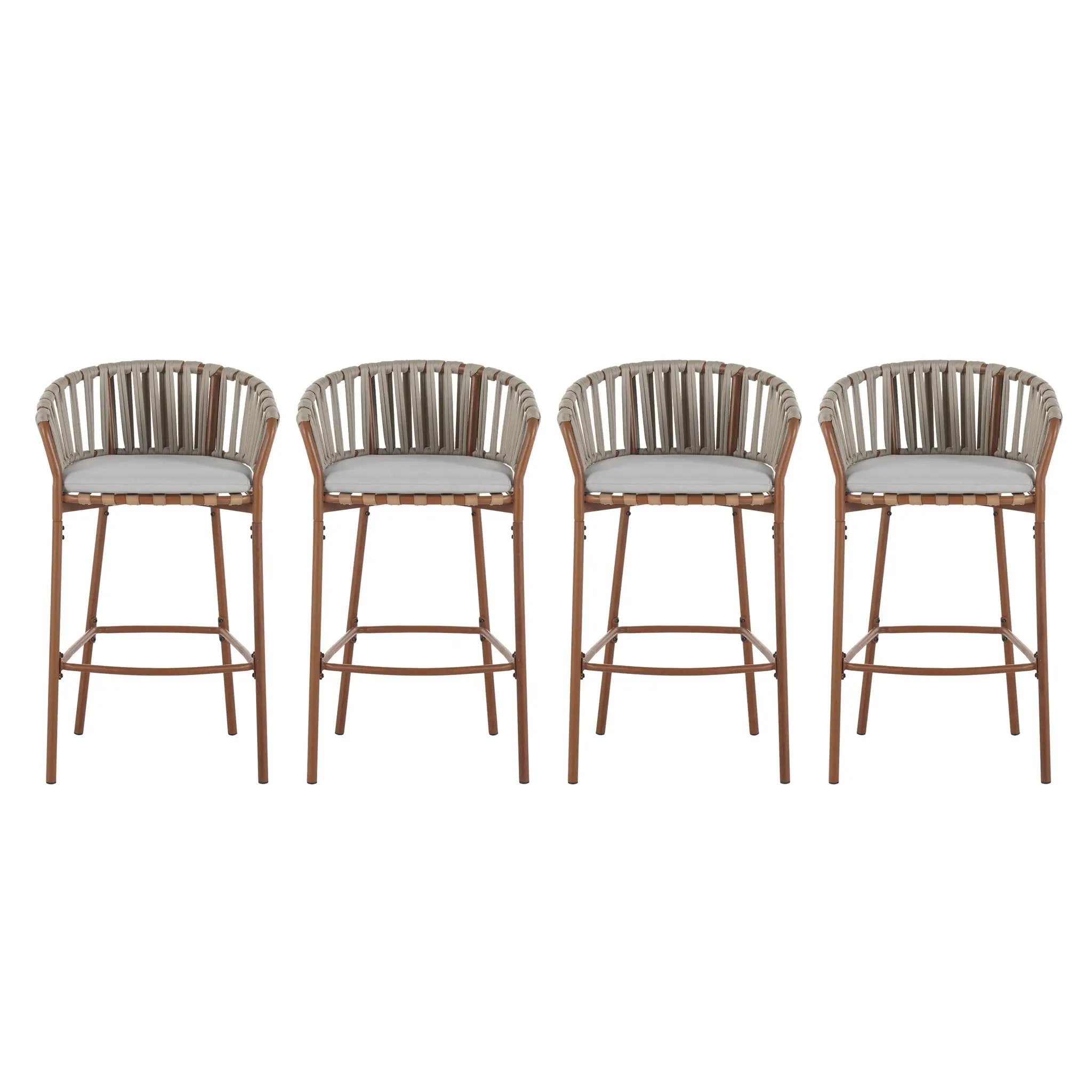 Lodi Outdoor Metal Rope Barstool, Teak Finished Frame and Beige Cushion, Set of 4 by HouseOfZazla