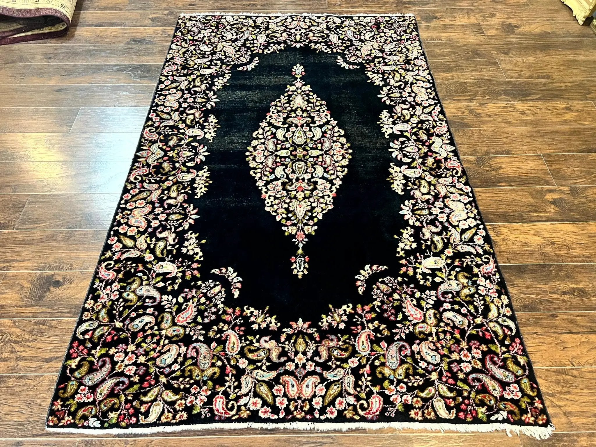 Antique Persian Kirman Rug 5x8, Floral Kirman, Midnight Blue/Black, Semi Open Field, Handmade Vintage Wool Carpet by Jewel Rugs