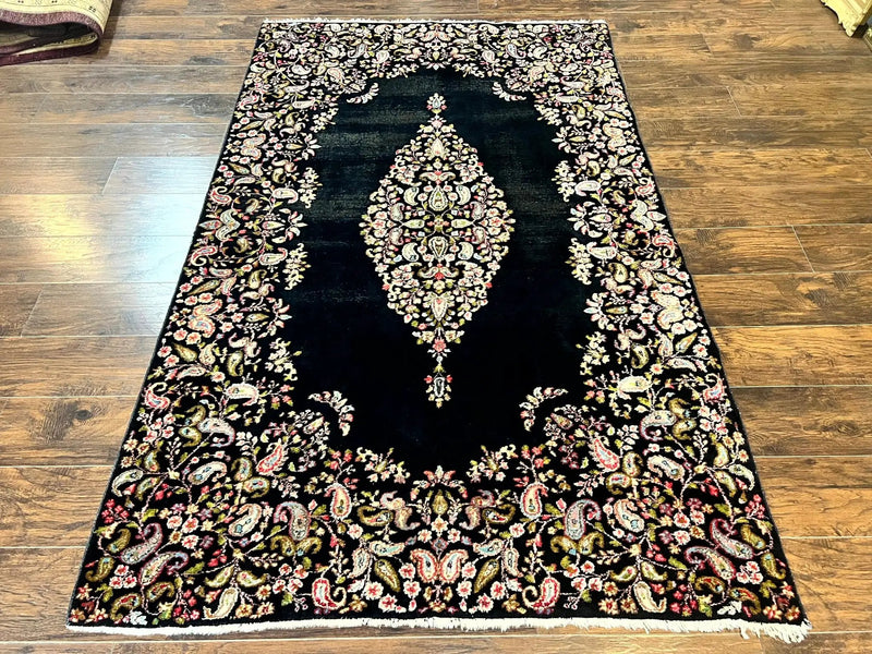 Antique Persian Kirman Rug 5x8, Floral Kirman, Midnight Blue/Black, Semi Open Field, Handmade Vintage Wool Carpet by Jewel Rugs