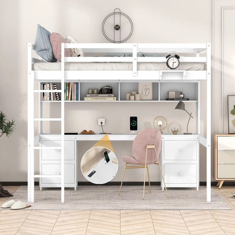 Full Size Loft Bed With Desk, Cabinets, Drawers, Charging Station And Bedside Tray, Sturdy Frame, No Box Spring Required - White by Unique Piece Furniture