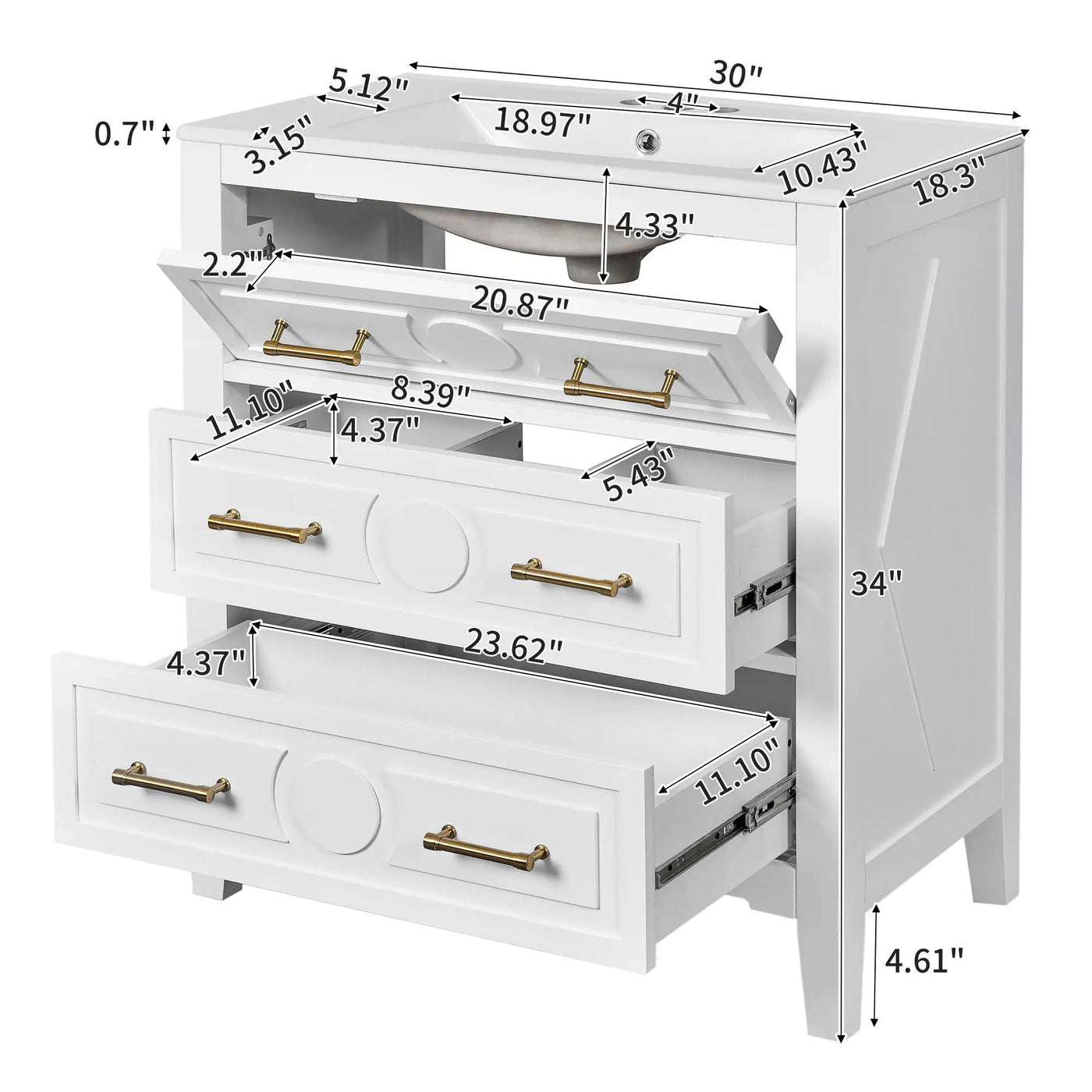 Retro Bathroom Vanity With Sink Combo, Free Standing Single Set With 3 Drawers by Unique Piece Furniture
